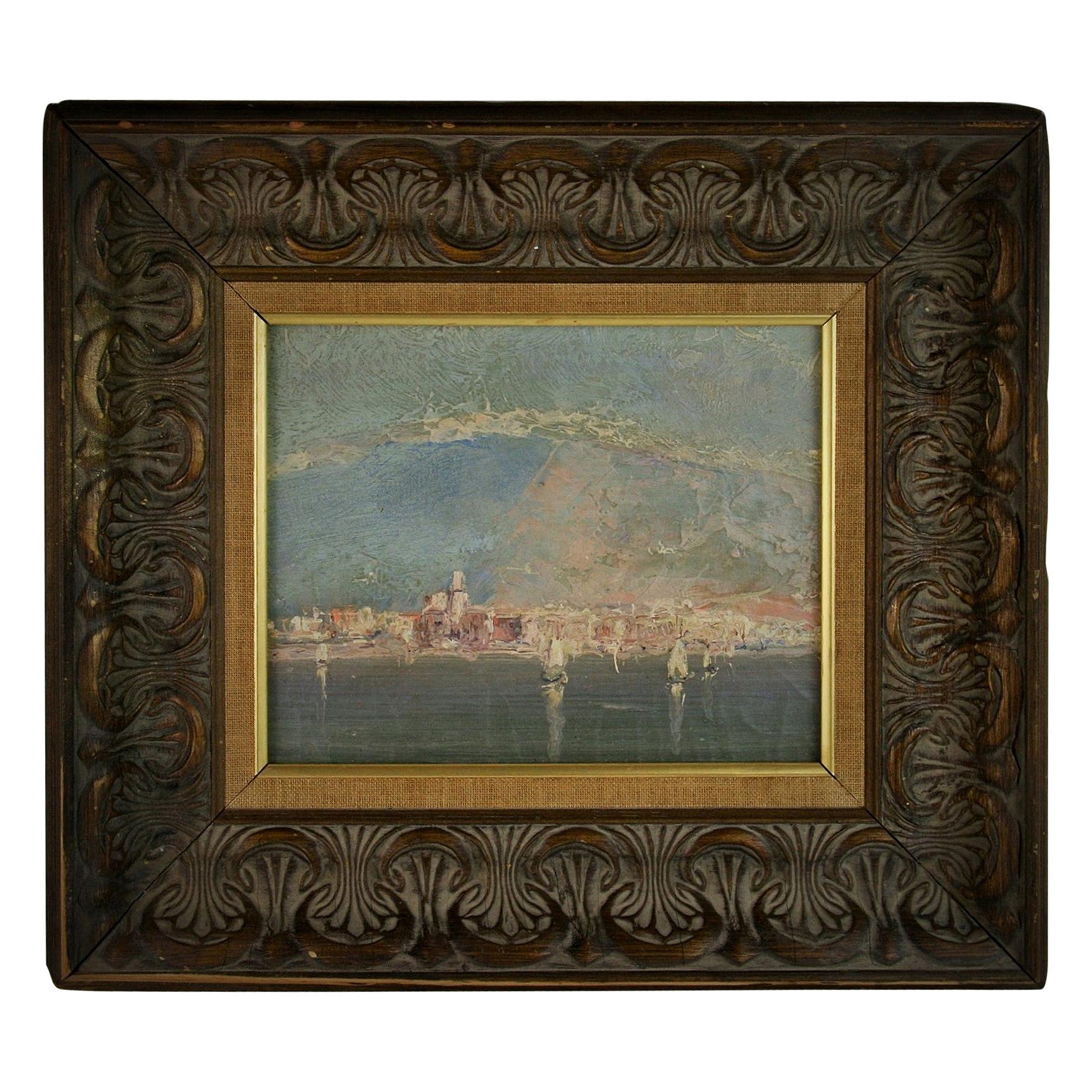 3766 Italian coastal landscape set in a hand carved wood frame
Image size: 9.5 x 7.5
Signed Sima.
