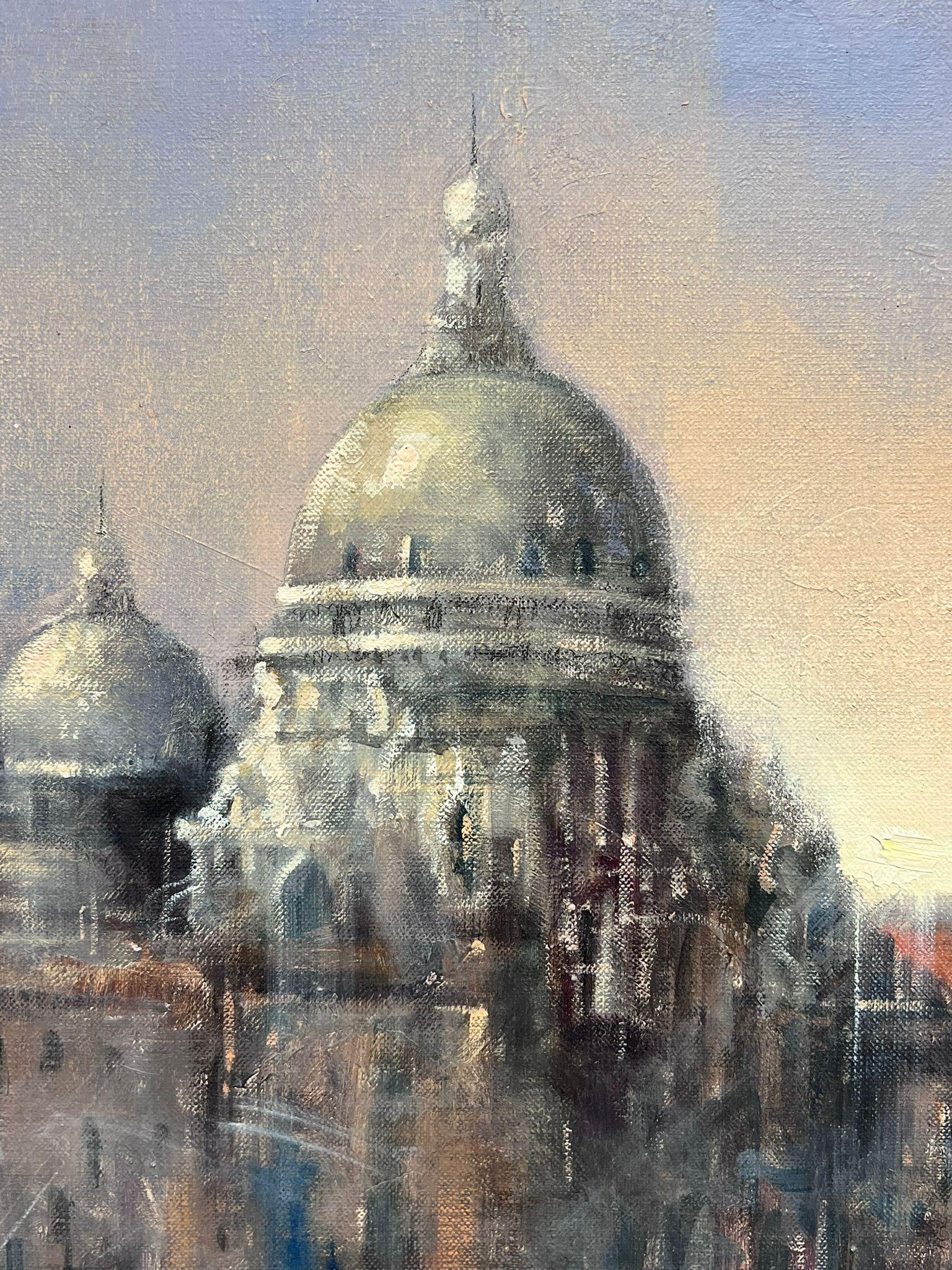 Gran Pintura al Óleo Impresionista Italiana Firmada Gran Canal de Venecia Atmosférica - Landscape Painting Gris de Italian Impressionist