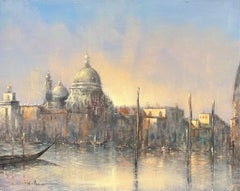 Grande peinture à l'huile impressionniste italienne signée Grand Canal Venice Atmosphérique