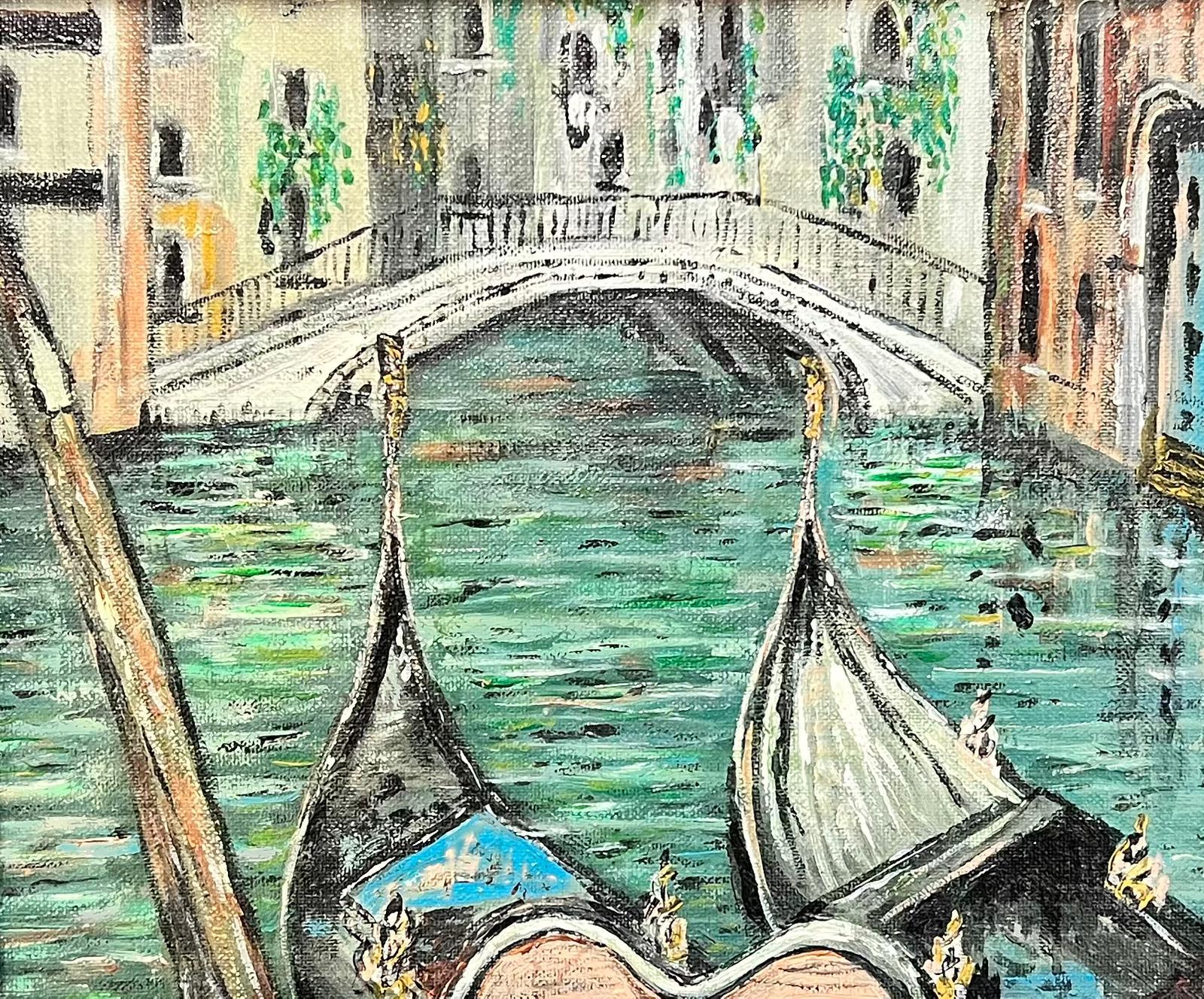 Venediger Kanal mit Gondolas Impressionistisches Ölgemälde in Türkis-Farben gerahmt – Painting von Italian Impressionist