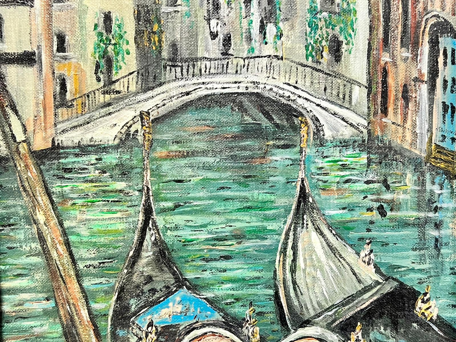 Venice Canal with Gondolas Impressionist Oil Painting Turquoise colors framed For Sale 1