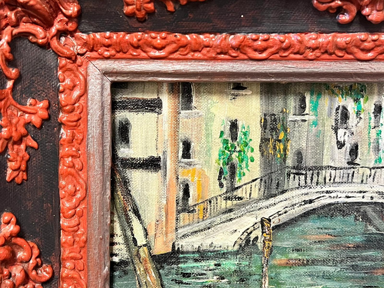 Canal de Venecia con góndolas Pintura al óleo impresionista Colores turquesa enmarcada - Landscape Painting Marrón de Italian Impressionist