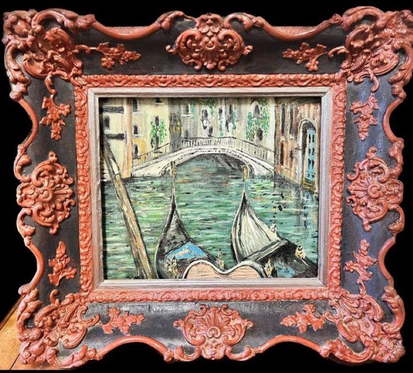 Italian Impressionist Landscape Painting – Venediger Kanal mit Gondolas Impressionistisches Ölgemälde in Türkis-Farben gerahmt