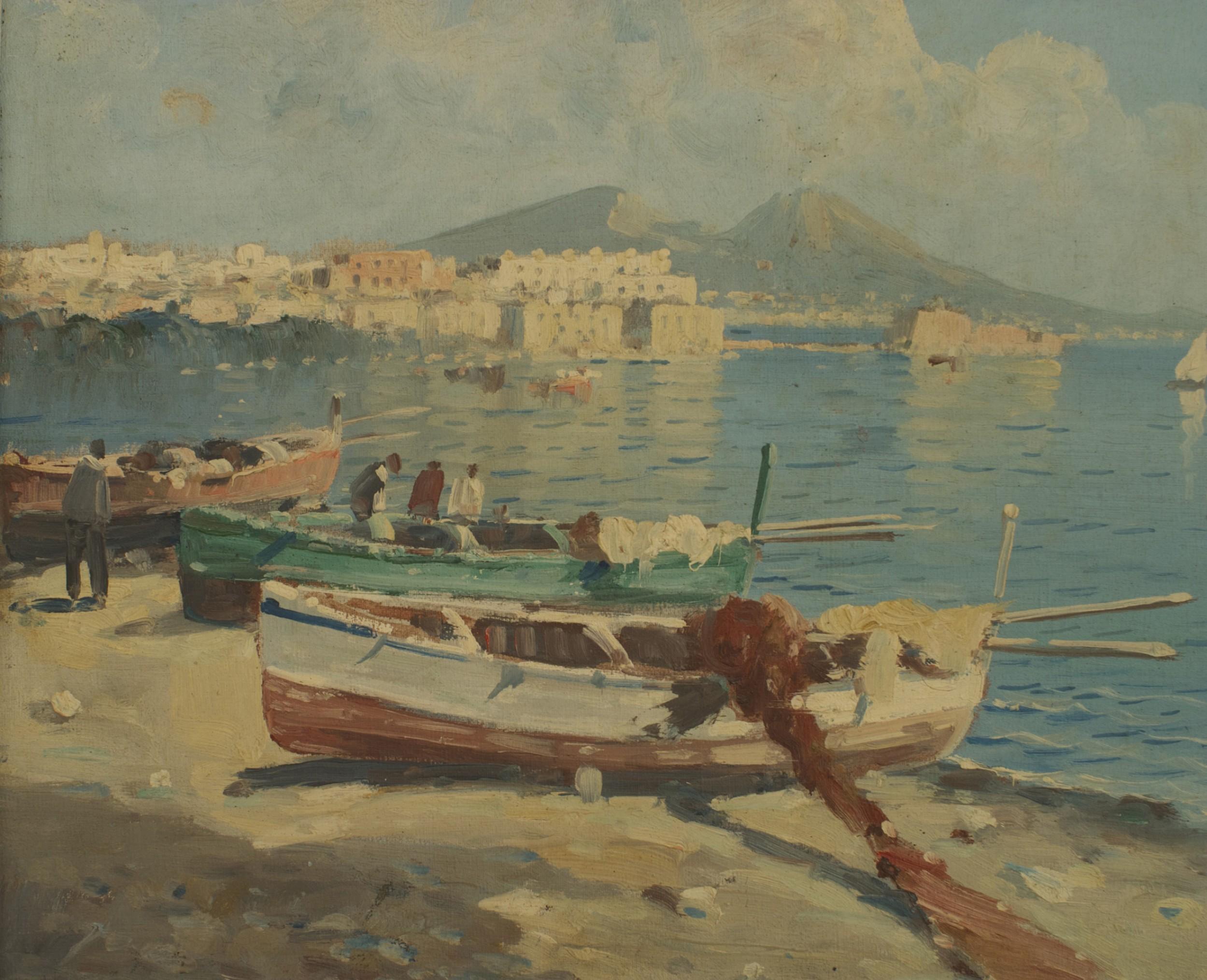 Paesaggio marino in stile impressionista italiano che raffigura una barca da pesca accostata alla riva con le montagne sullo sfondo.
