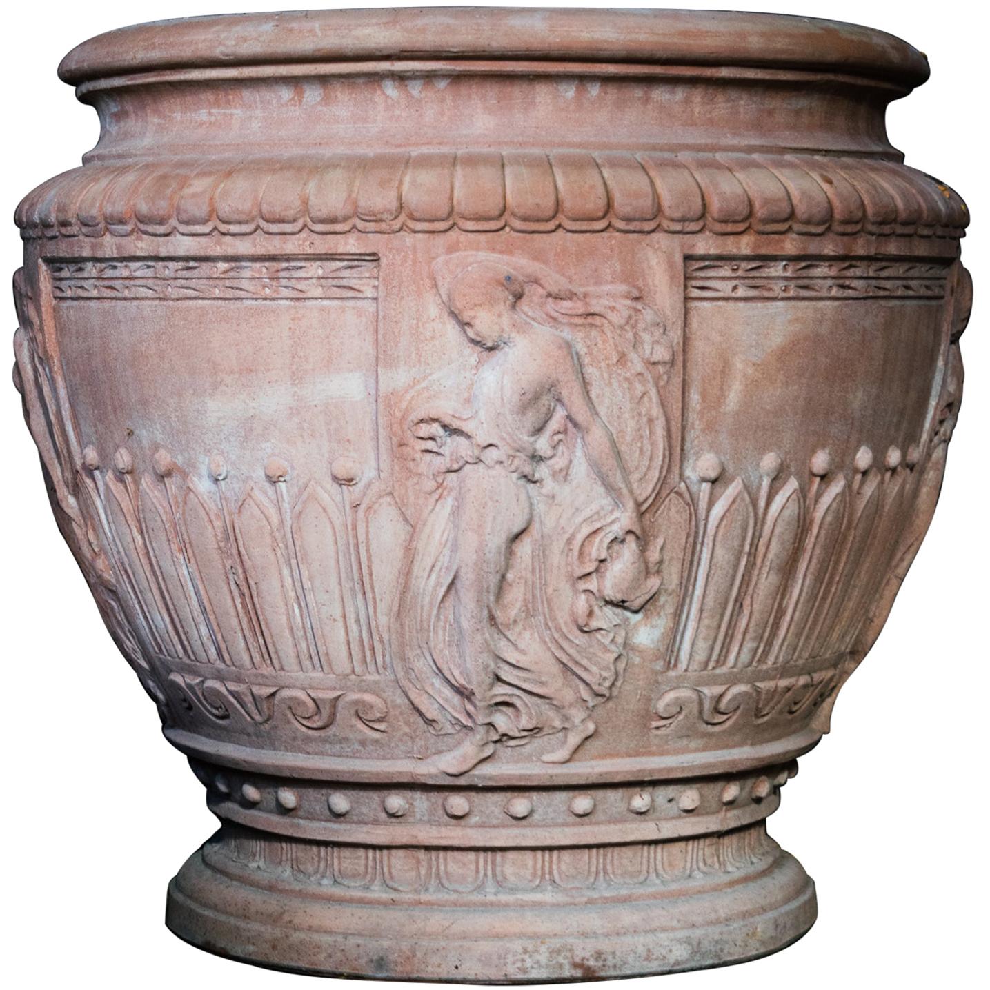 Italian Impruneta Terracotta Vase with Female Figure in Relief