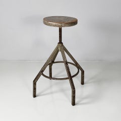Italian industrial adjustable stool in grey wood and metal, 1950s