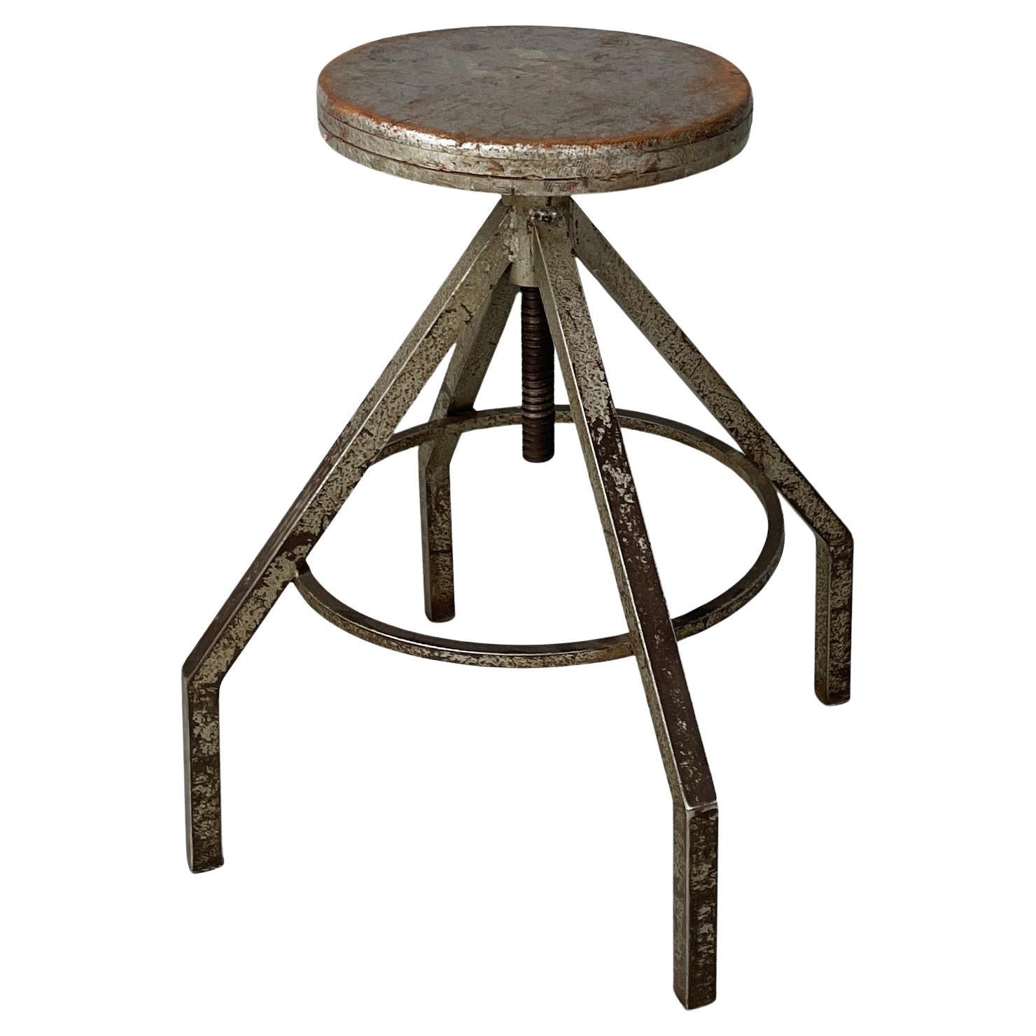 Italian industrial adjustable stool in grey wood and metal, 1950s in vendita
