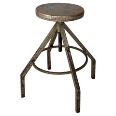 Italian industrial adjustable stool in grey wood and metal, 1950s