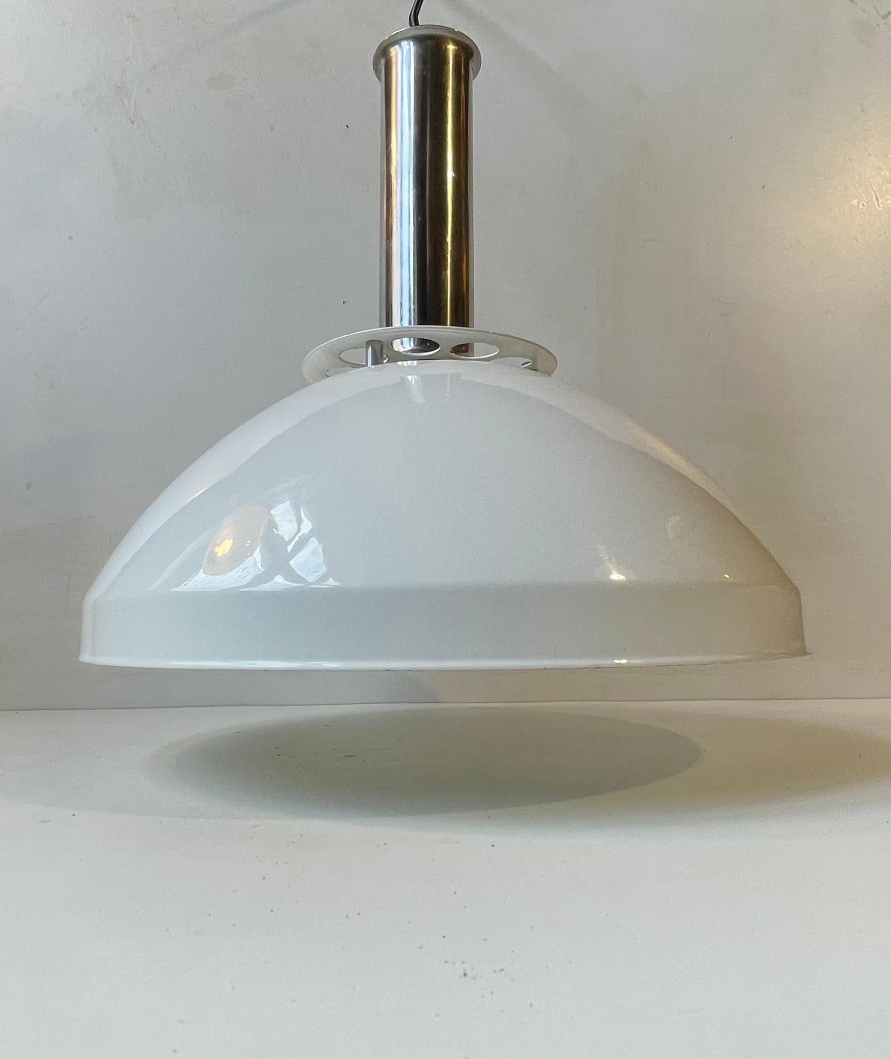Italian Industrial Ceiling Lamp in White Enamel and Chrome Plating, 1970s For Sale 4