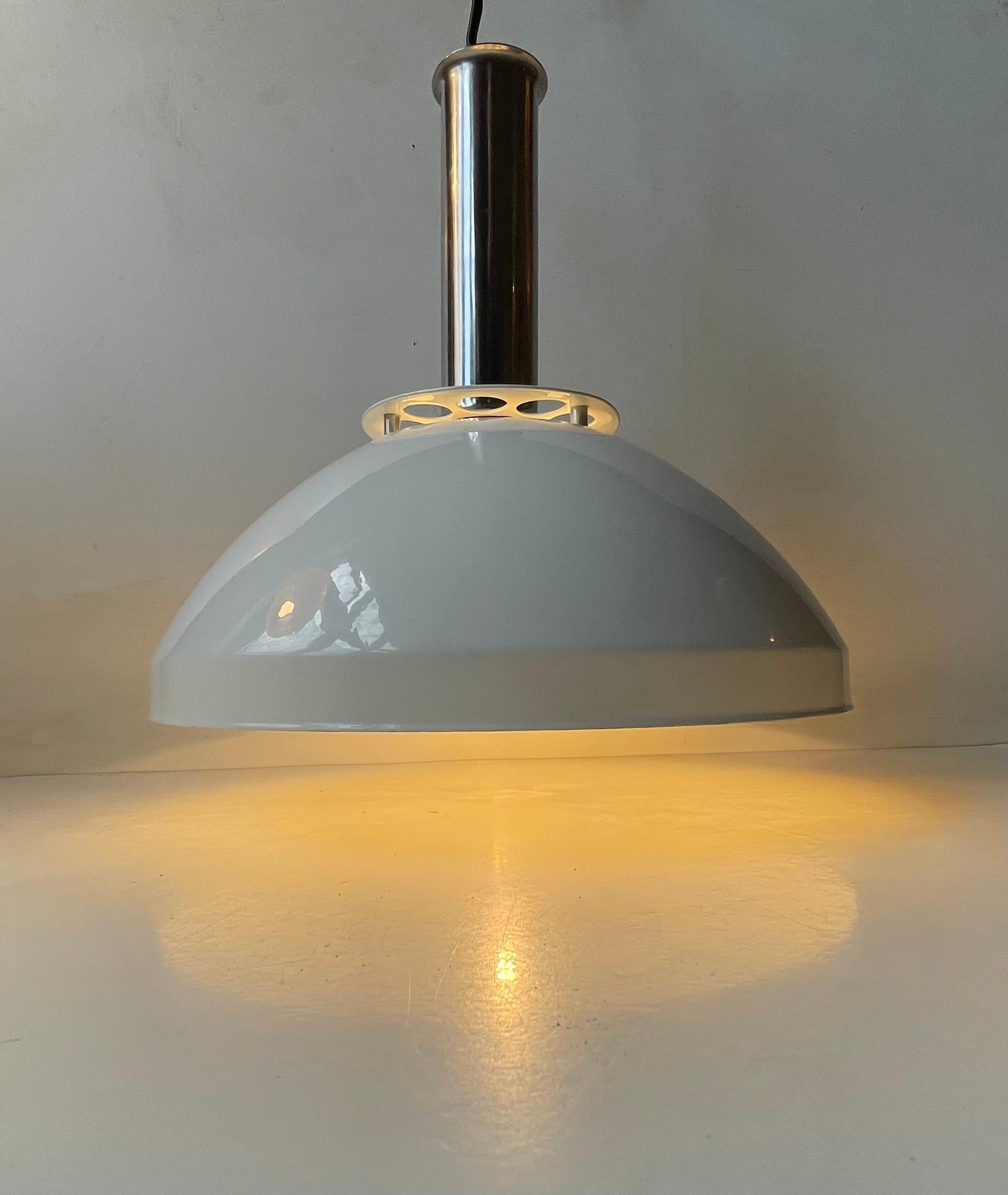 Modern Italian Industrial Ceiling Lamp in White Enamel and Chrome Plating, 1970s For Sale