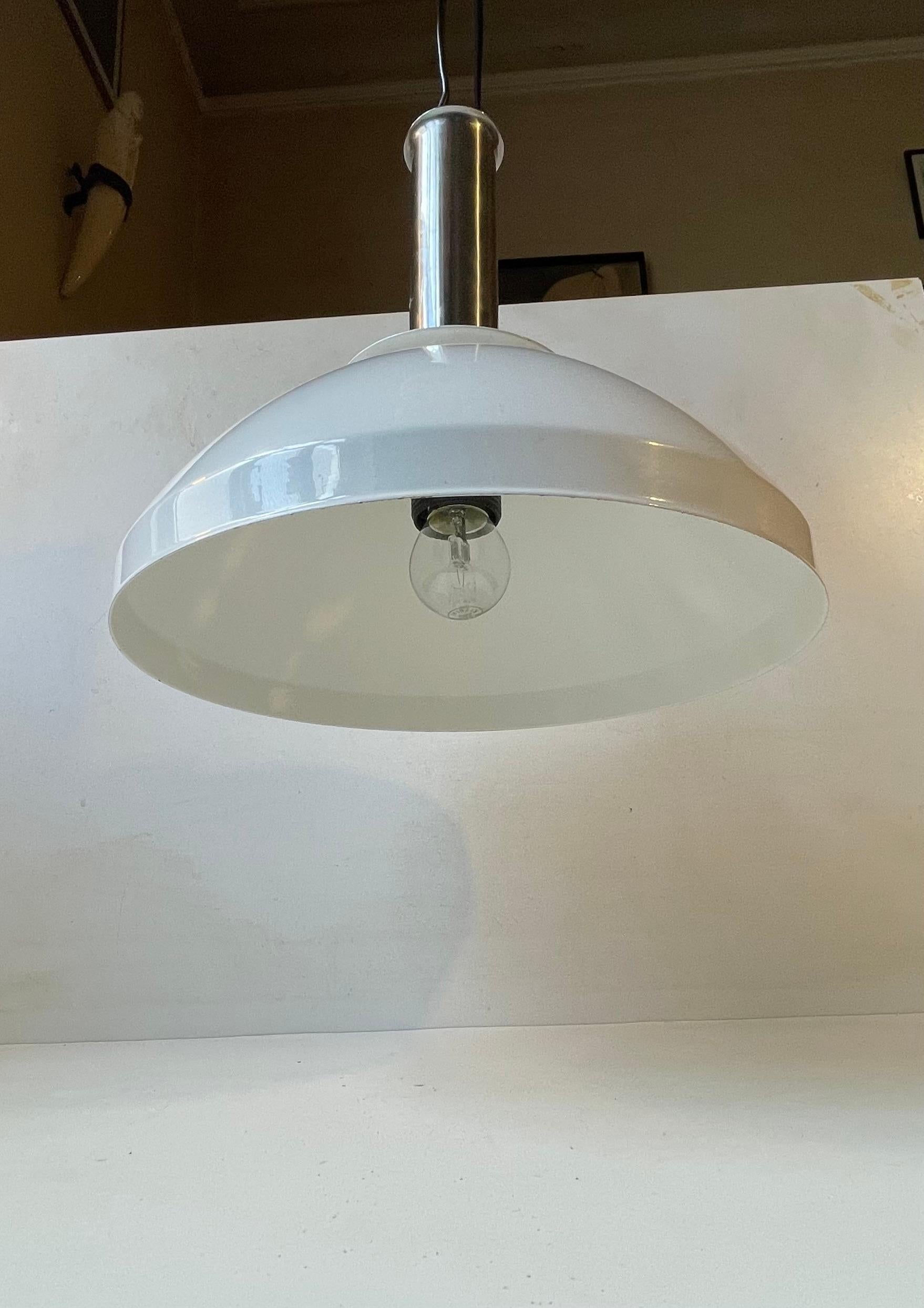 Late 20th Century Italian Industrial Ceiling Lamp in White Enamel and Chrome Plating, 1970s For Sale