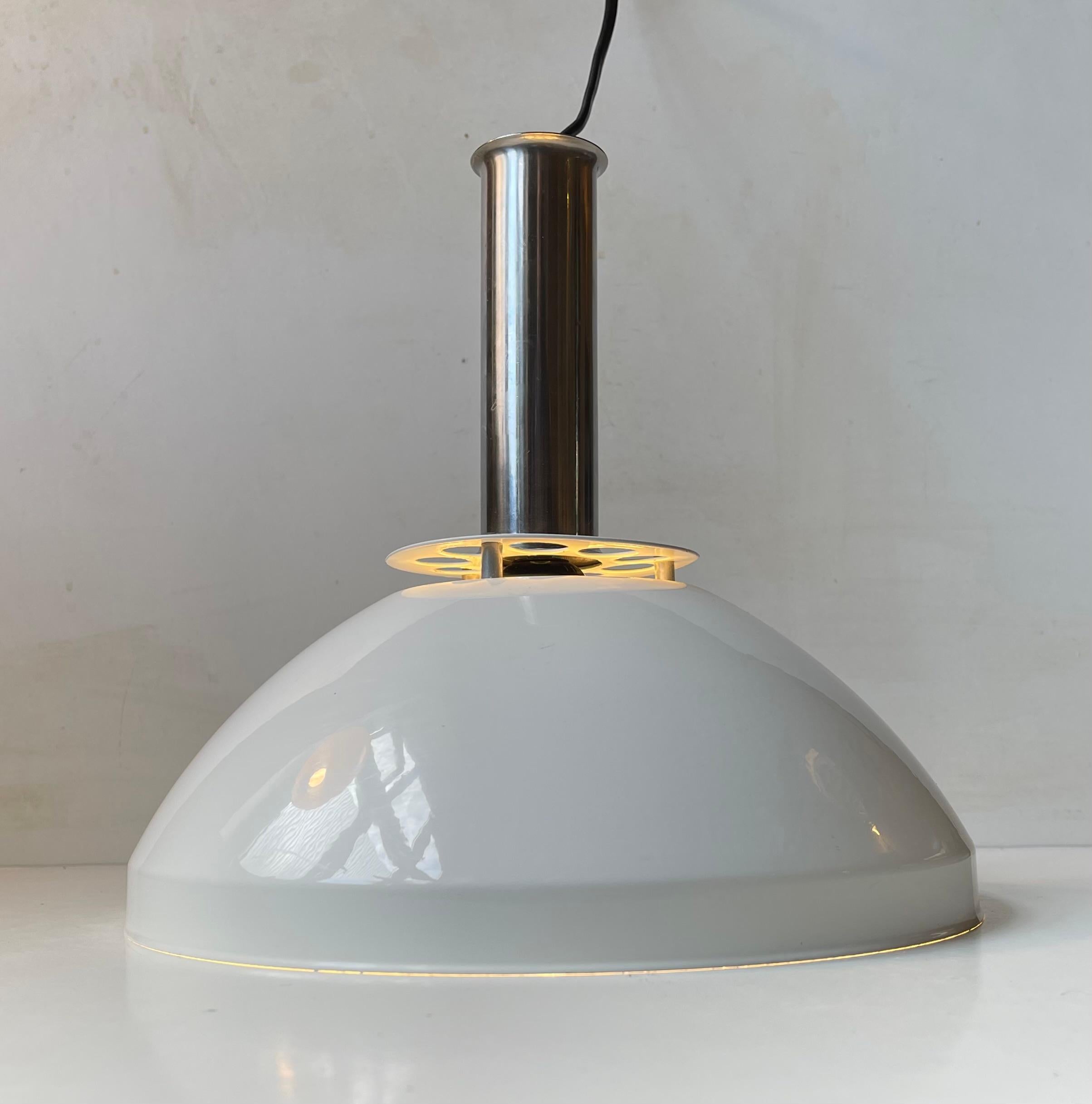 Metal Italian Industrial Ceiling Lamp in White Enamel and Chrome Plating, 1970s For Sale