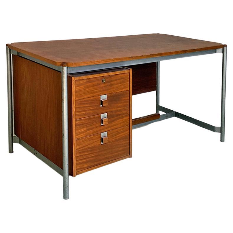 Italian Industrial Metal and Wood Desk with Drawers, 1970s For Sale