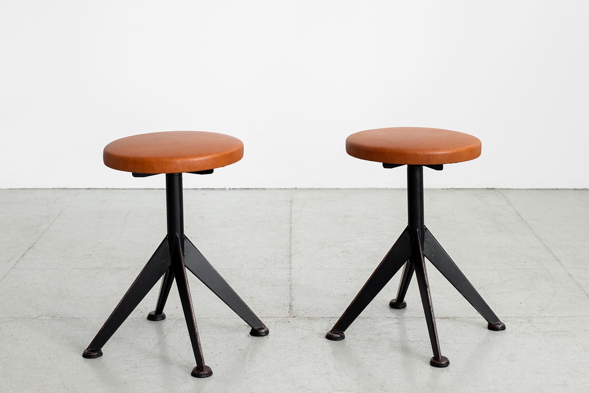 1950s Italian Industrial stool with heavy black enameled base and newly upholstered leather seats.
Priced separately.
   


  