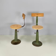Italian Industrial stools with height-adjustable metal and wood by Necchi, 1920s