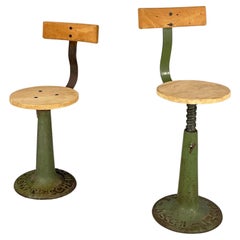 Antique Italian Industrial stools with height-adjustable metal and wood by Necchi, 1920s