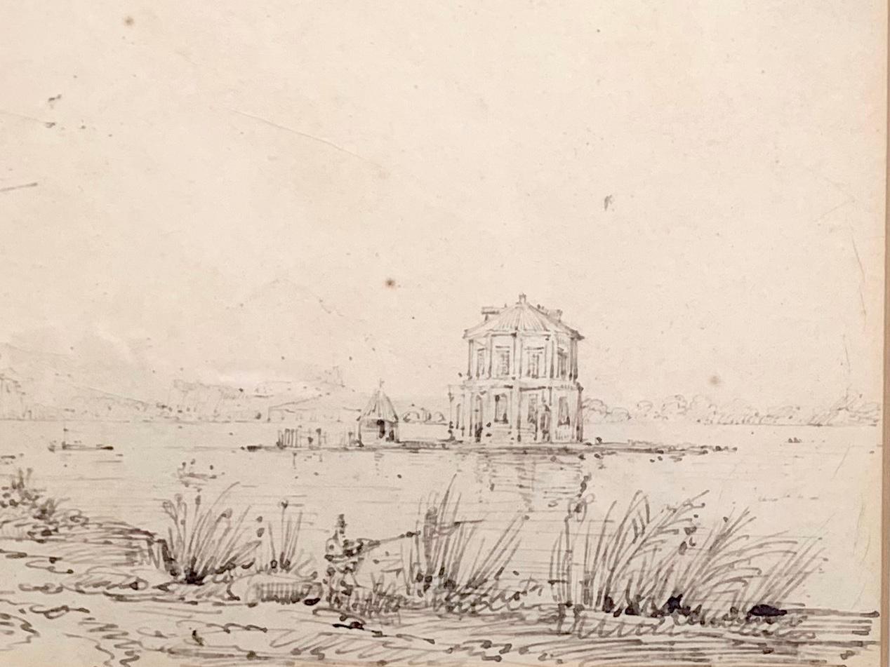18th Century and Earlier Italian Ink Drawing of Island Palace La Casina Vanvitelliana sul Lago Fusaro