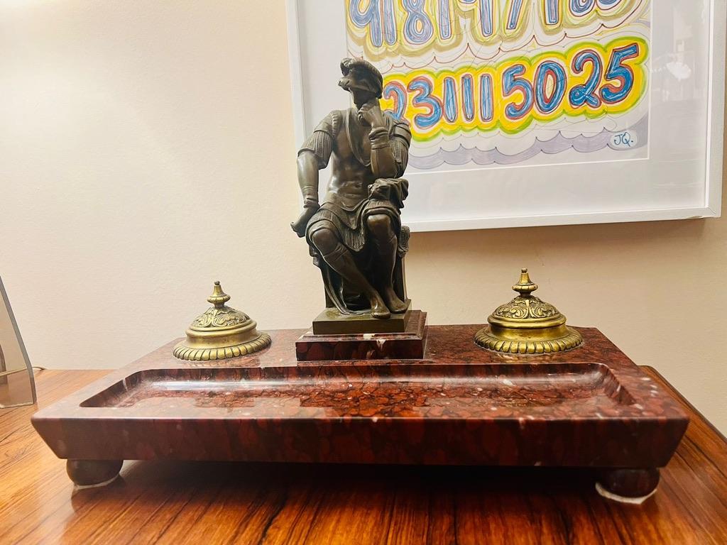 Bronze Italian inkwell in bronze and marble circa 1850. For Sale
