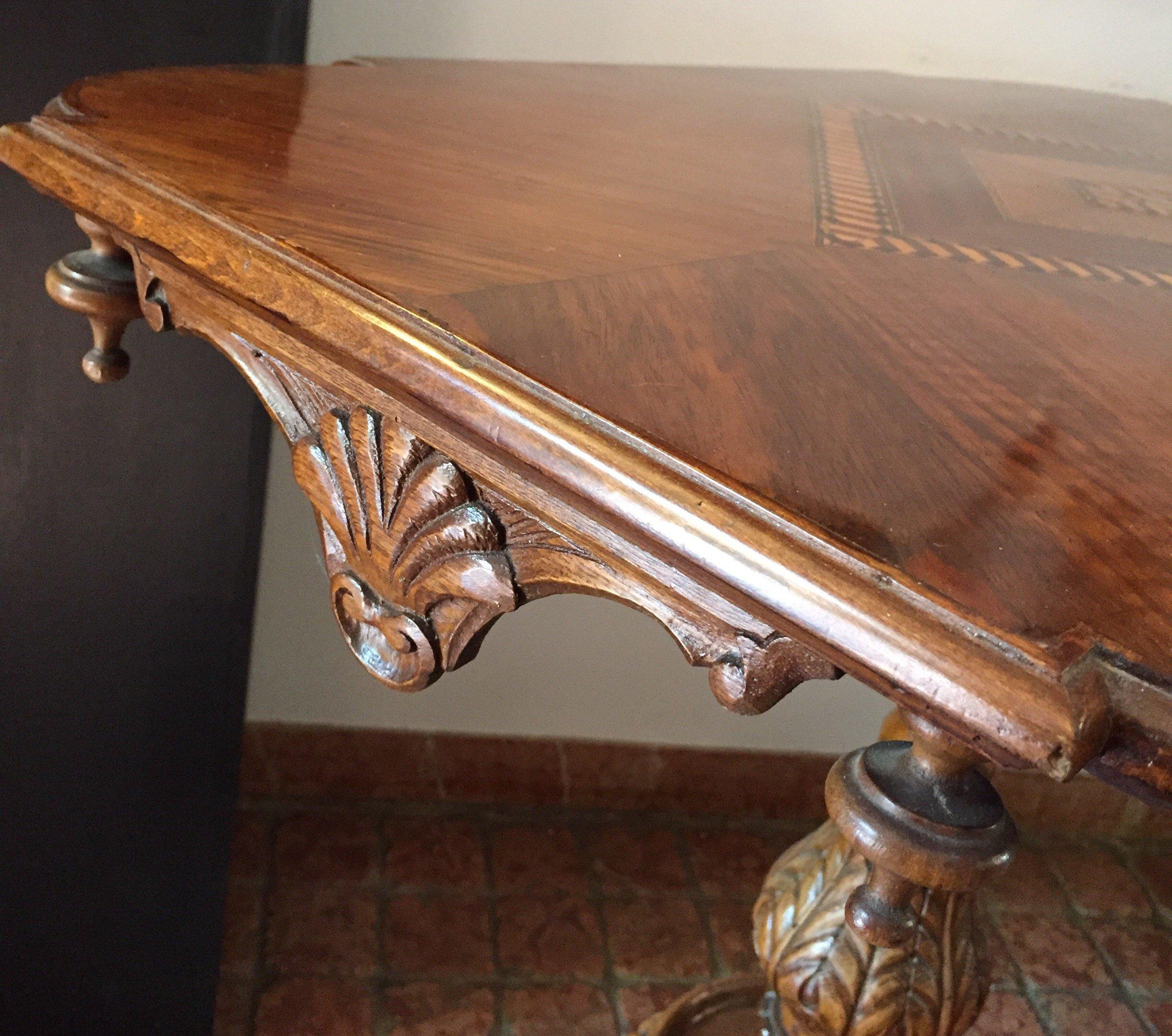 Italian Inlaid and Carved Walnut Centre Table 20th Century Gothic Revival 3