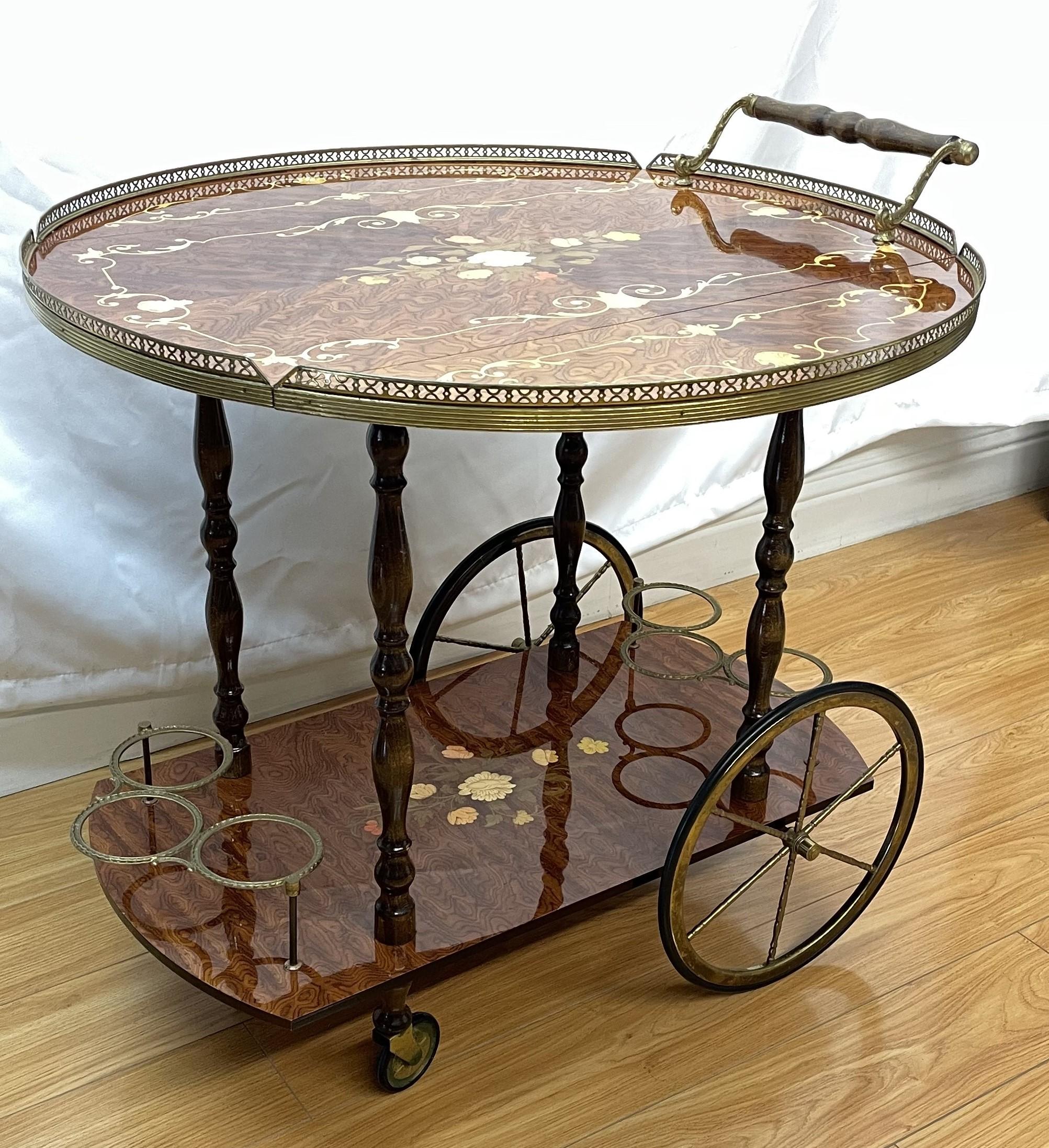 Mid-20th Century Italian inlaid and lacquered bar cart Circa 1960's For Sale