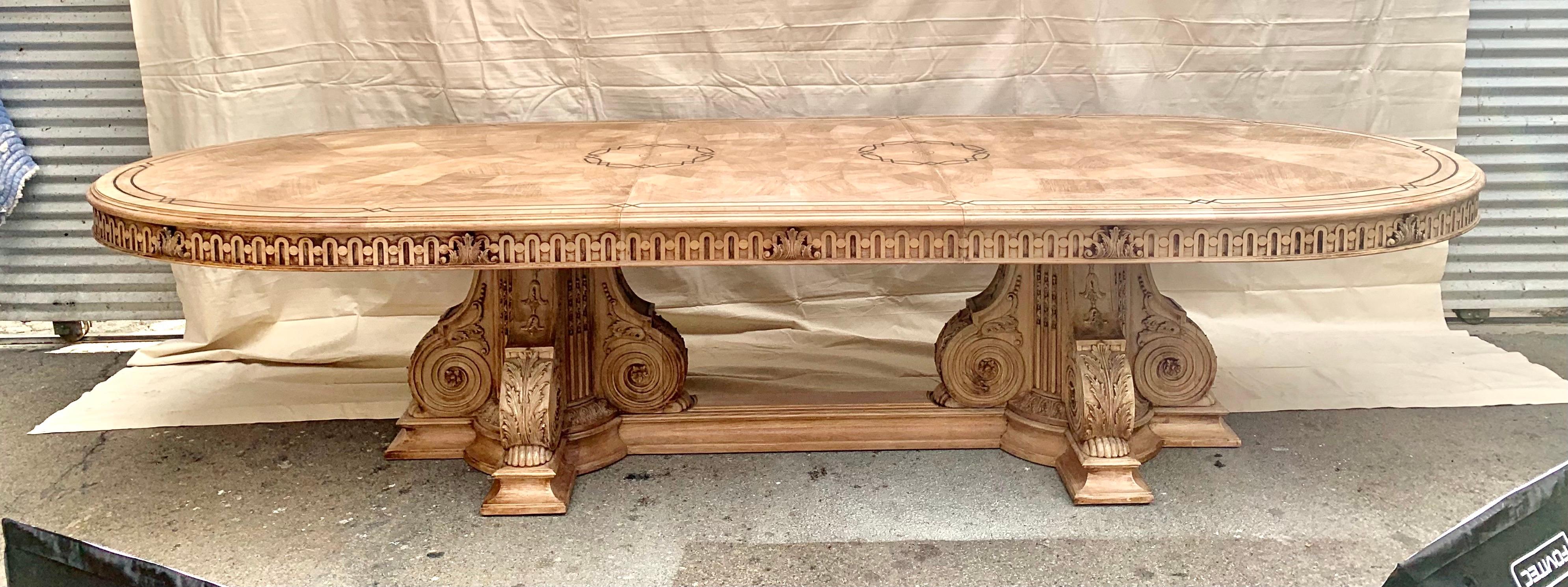 Italian Inlaid Carved Walnut Dining Table with Leaf In Good Condition In Los Angeles, CA
