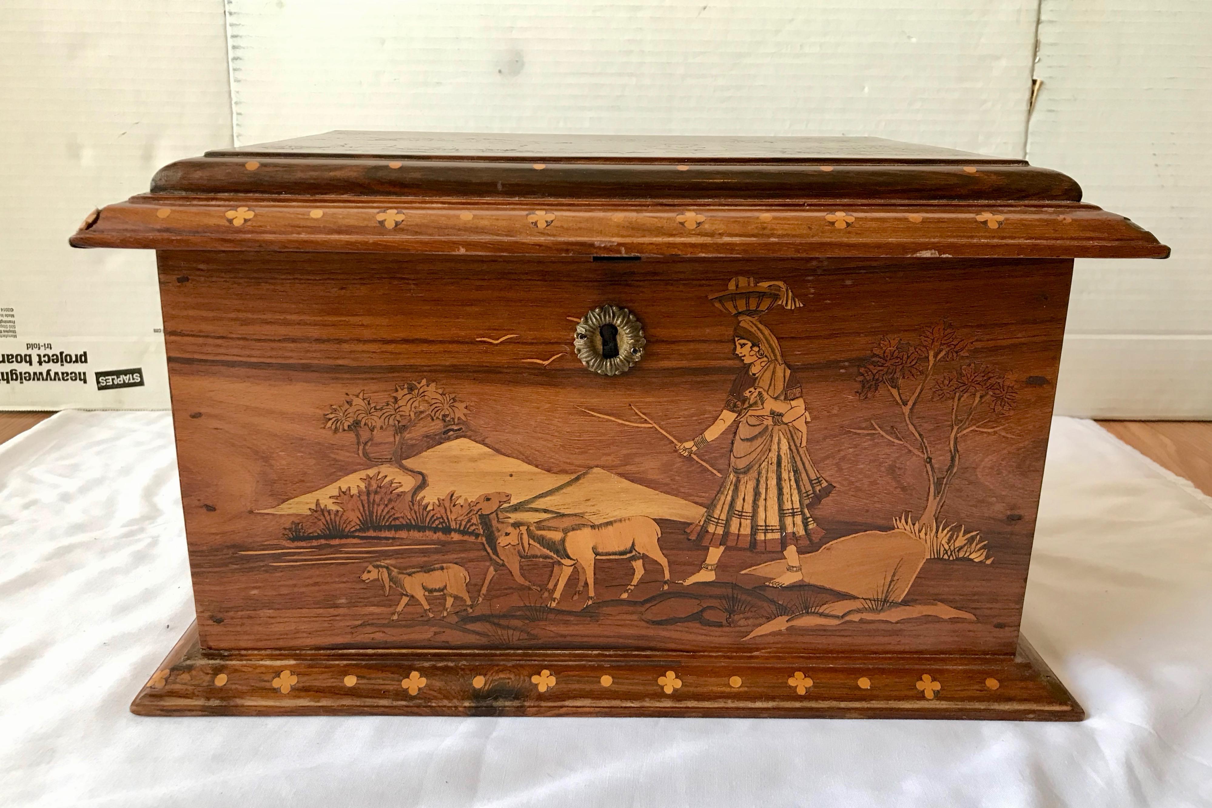 A fine specimen in the provincial fabled Sorrento style
with prominent colorful figures. 
The piece is generously scaled and beautifully appointed.
Each side, as well as top, with a different scene.