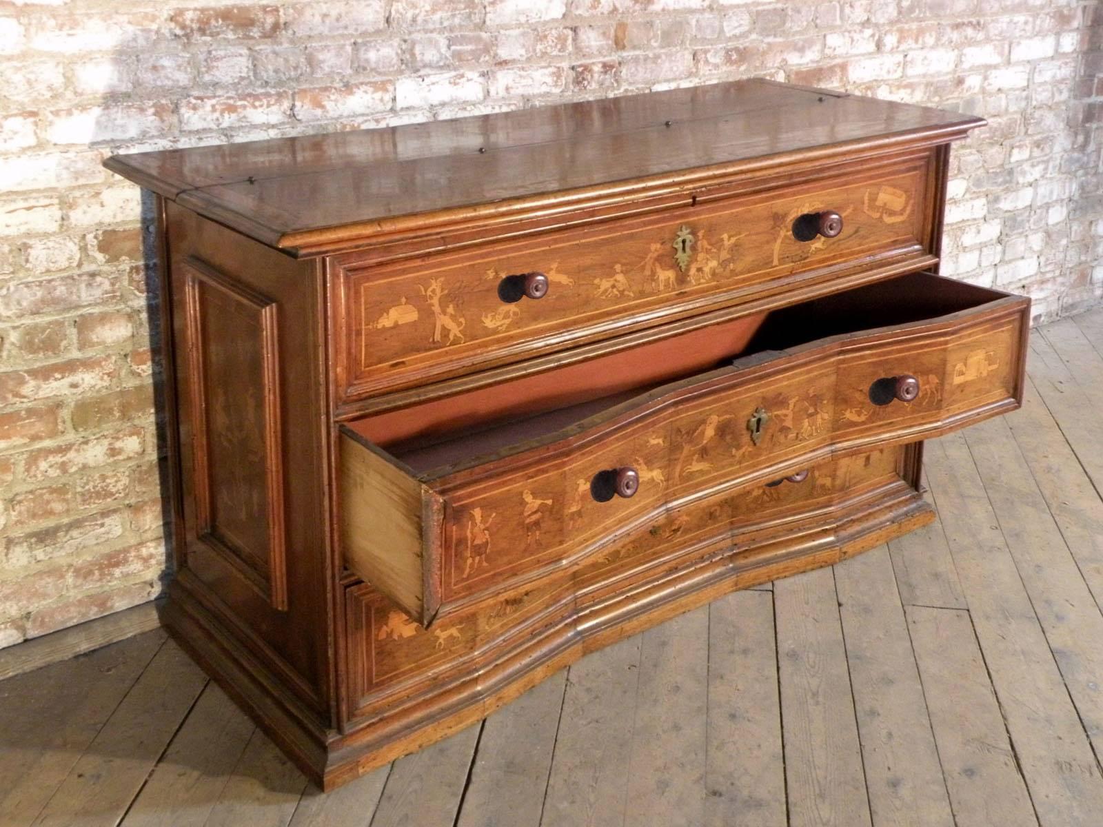 Inlay Italian Baroque Inlaid Early 18th Century Walnut and Fruit Wood Desk-Commode For Sale