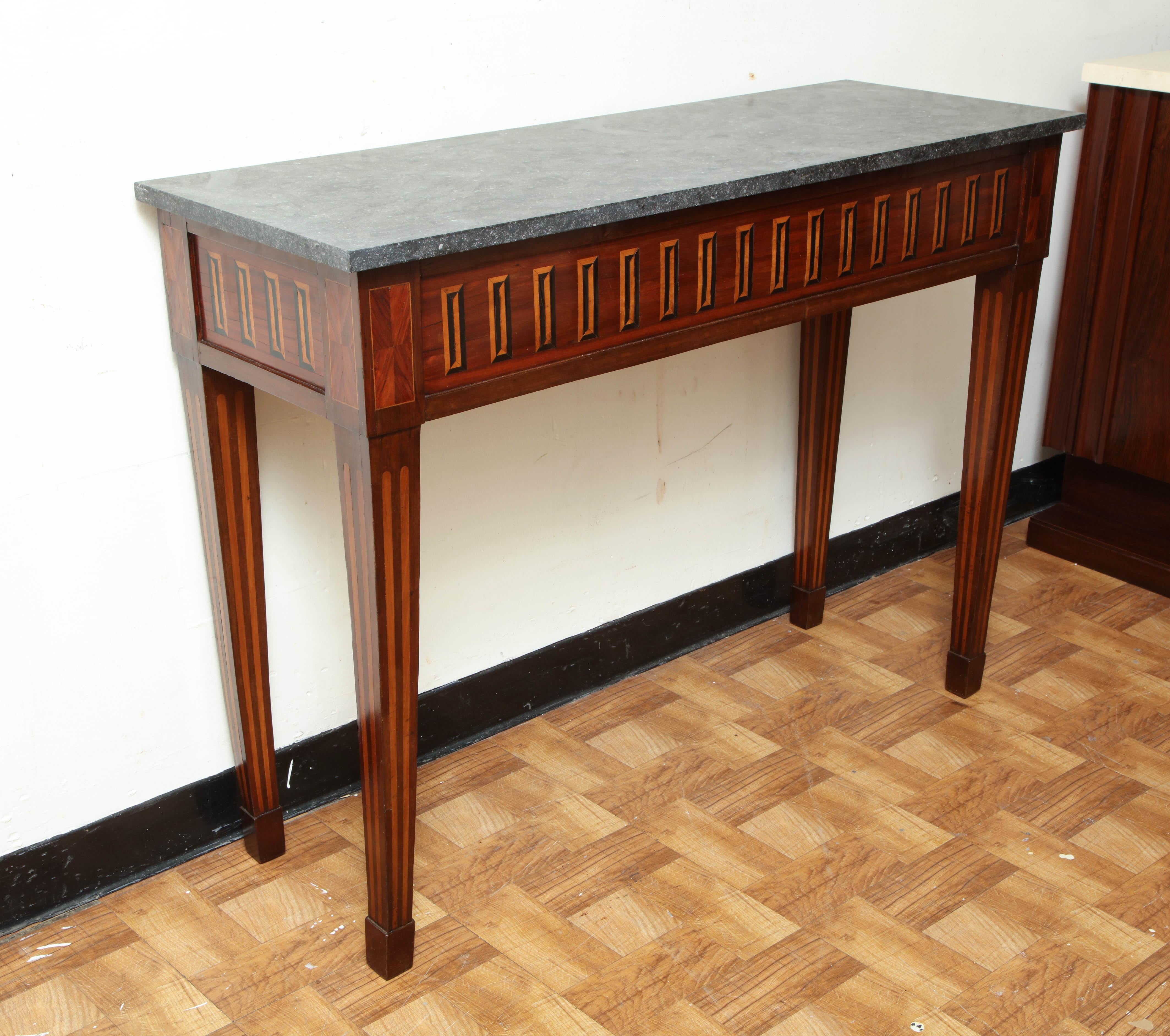 Empire Italian Inlaid Ebony and Rosewood Console Table with a Belgian Blue Stone Top For Sale