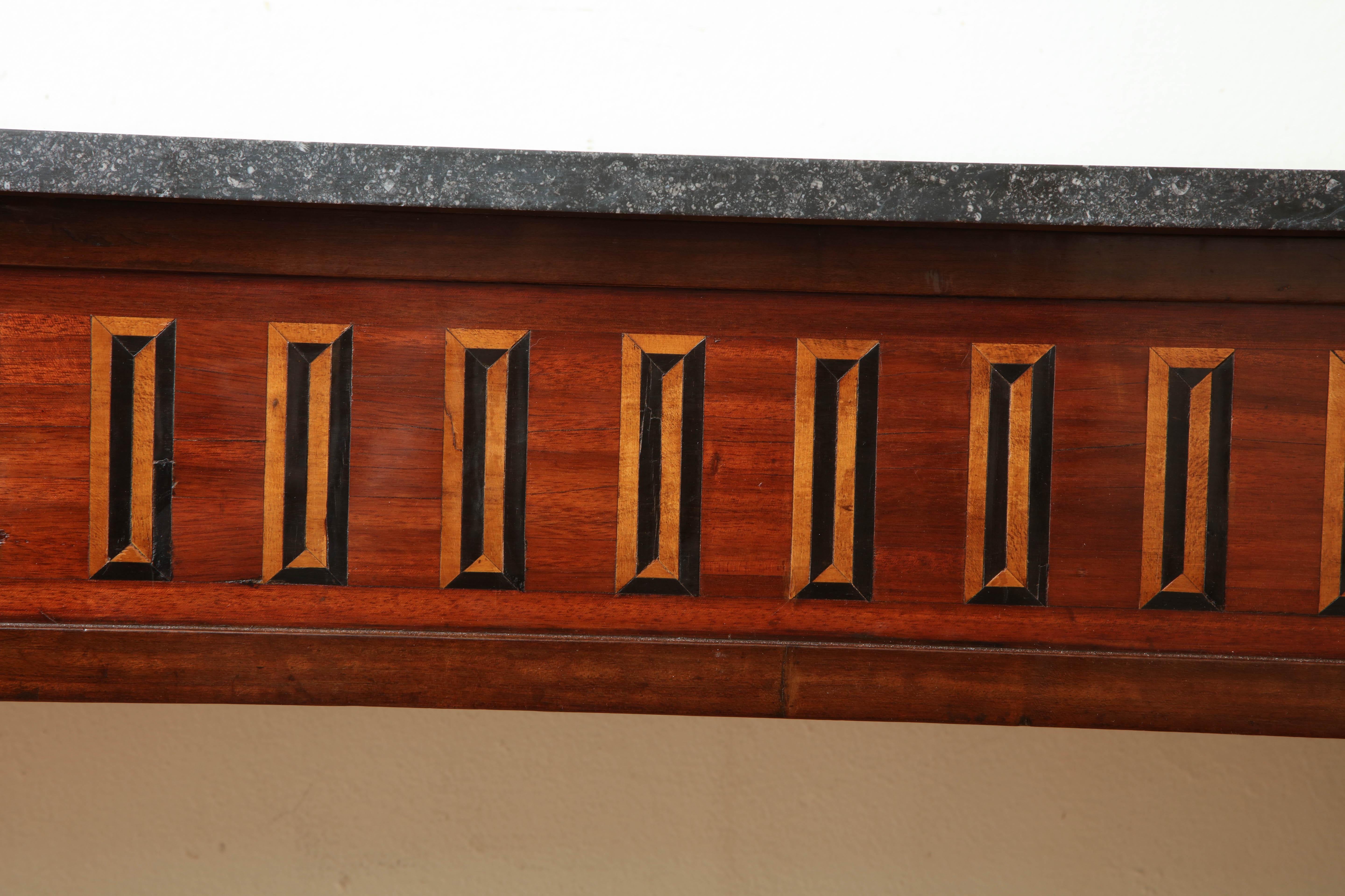 19th Century Italian Inlaid Ebony and Rosewood Console Table with a Belgian Blue Stone Top For Sale