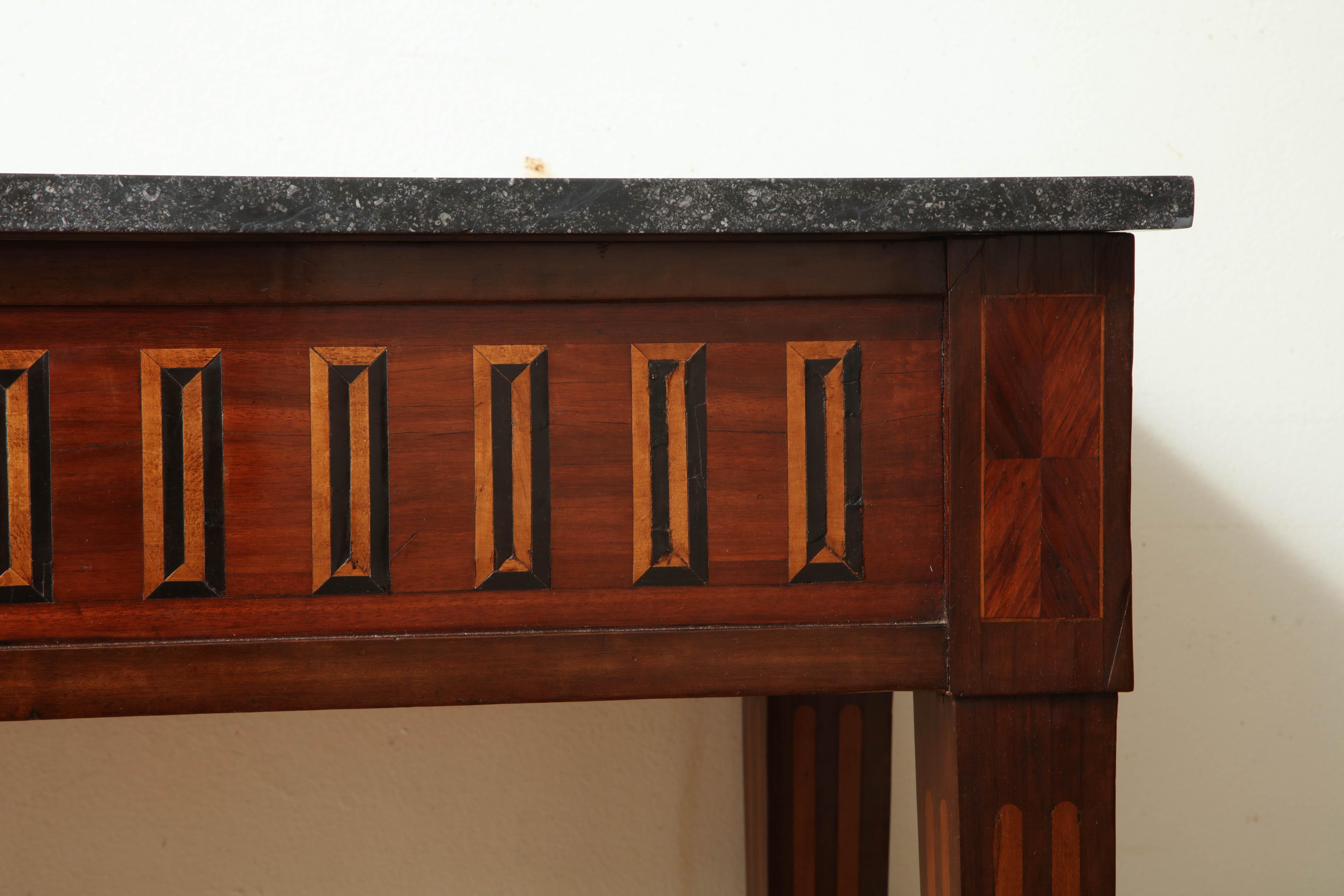 Marble Italian Inlaid Ebony and Rosewood Console Table with a Belgian Blue Stone Top For Sale