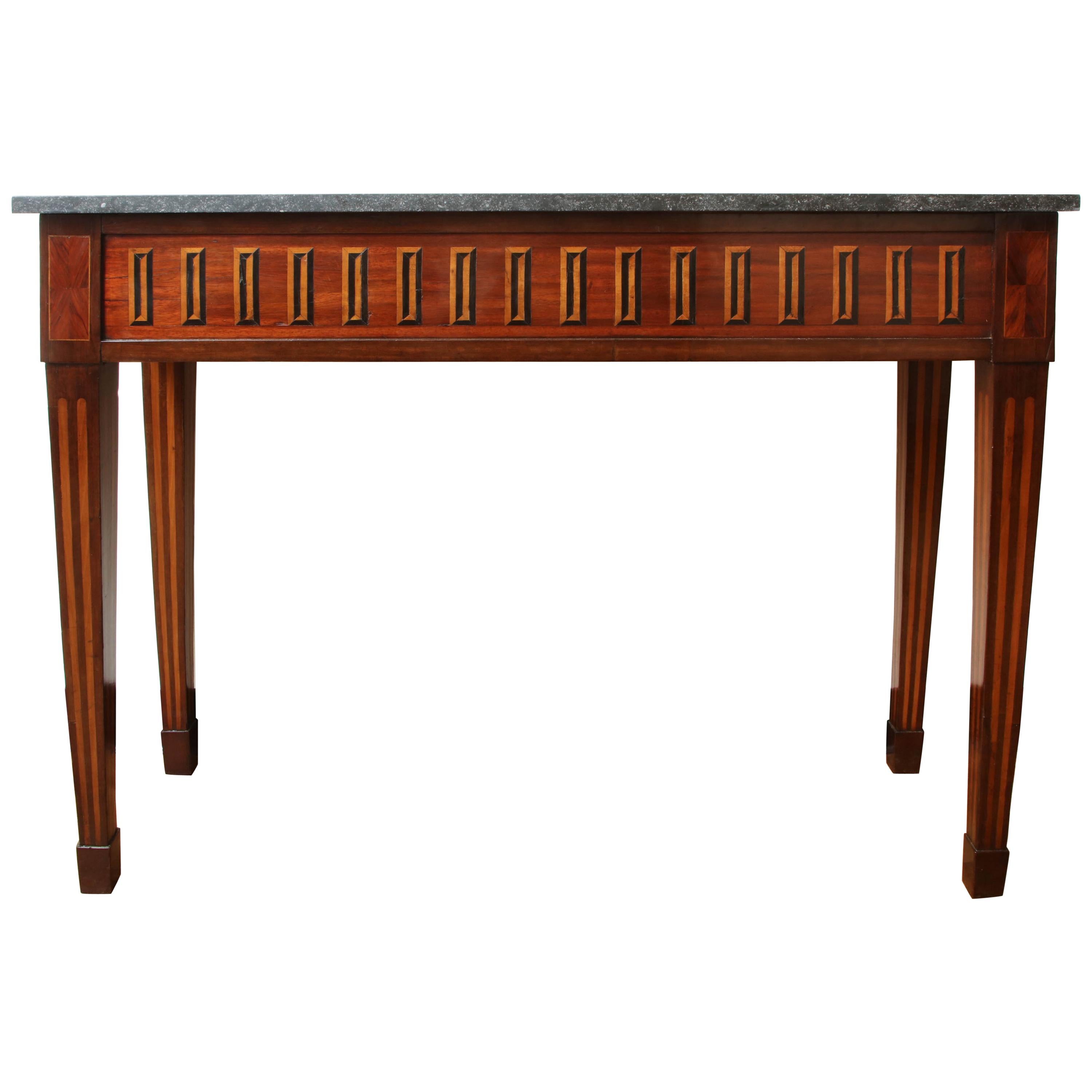 Italian Inlaid Ebony and Rosewood Console Table with a Belgian Blue Stone Top For Sale