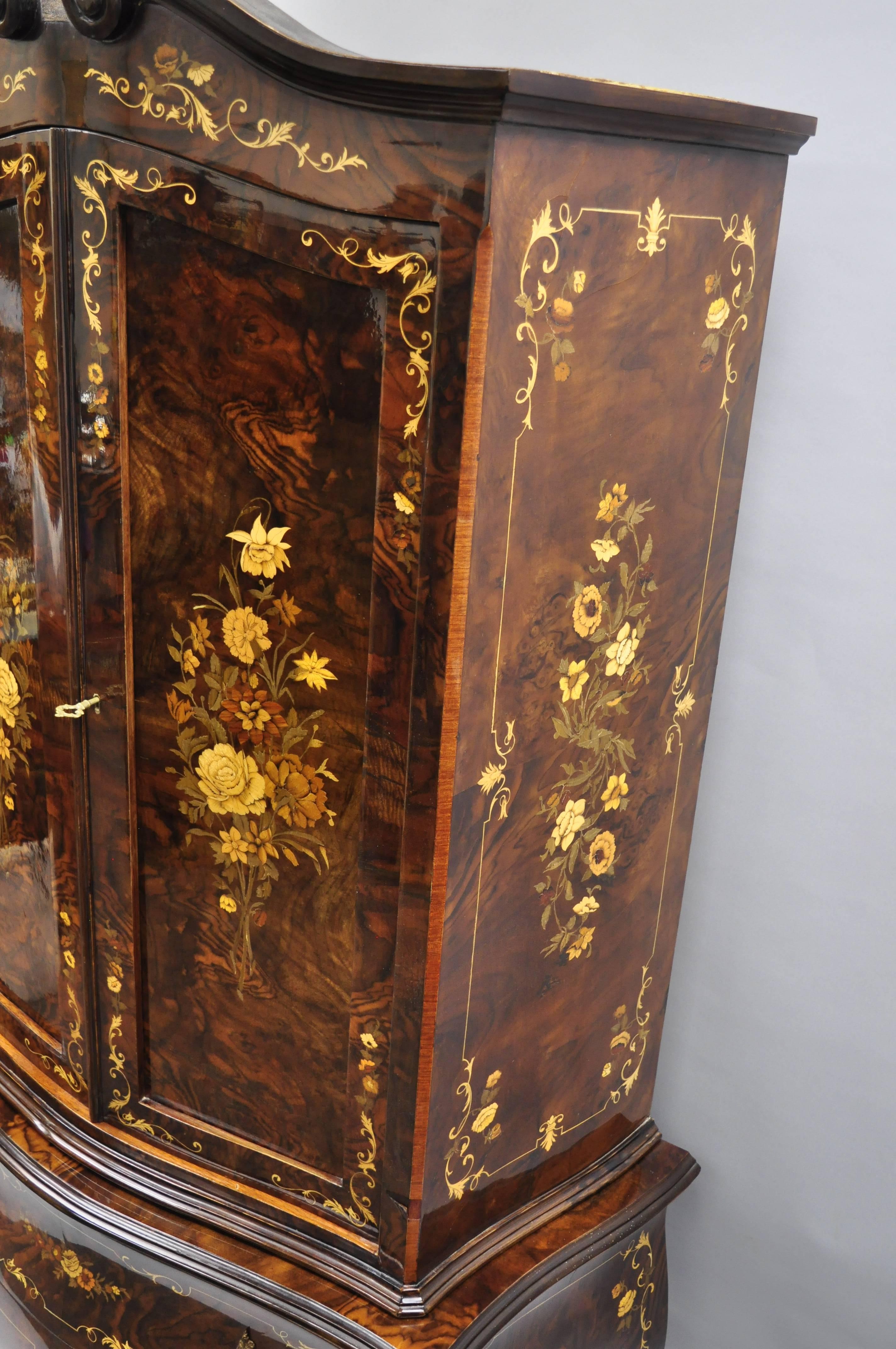 Italian Inlaid French Louis XV Style Bombe Armoire Tall Chest by Roma Furniture 1