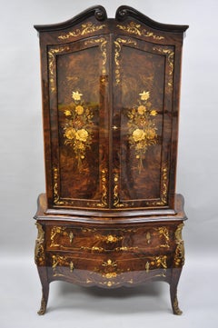 Italian Inlaid French Louis XV Style Bombe Armoire Tall Chest by Roma Furniture