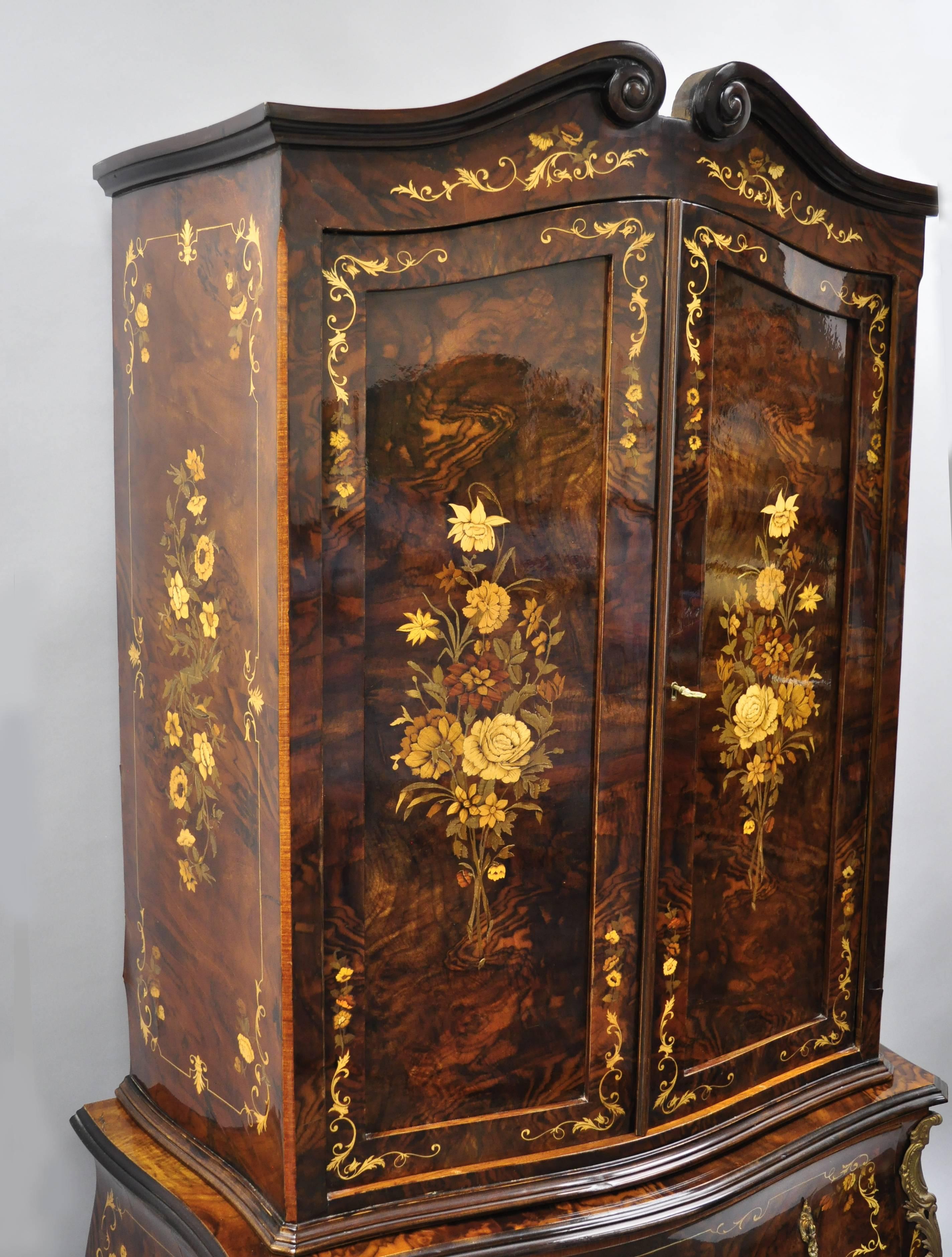 Late 20th Century Italian Inlaid French Louis XV Style Bombe Armoire Tall Chest by Roma Furniture