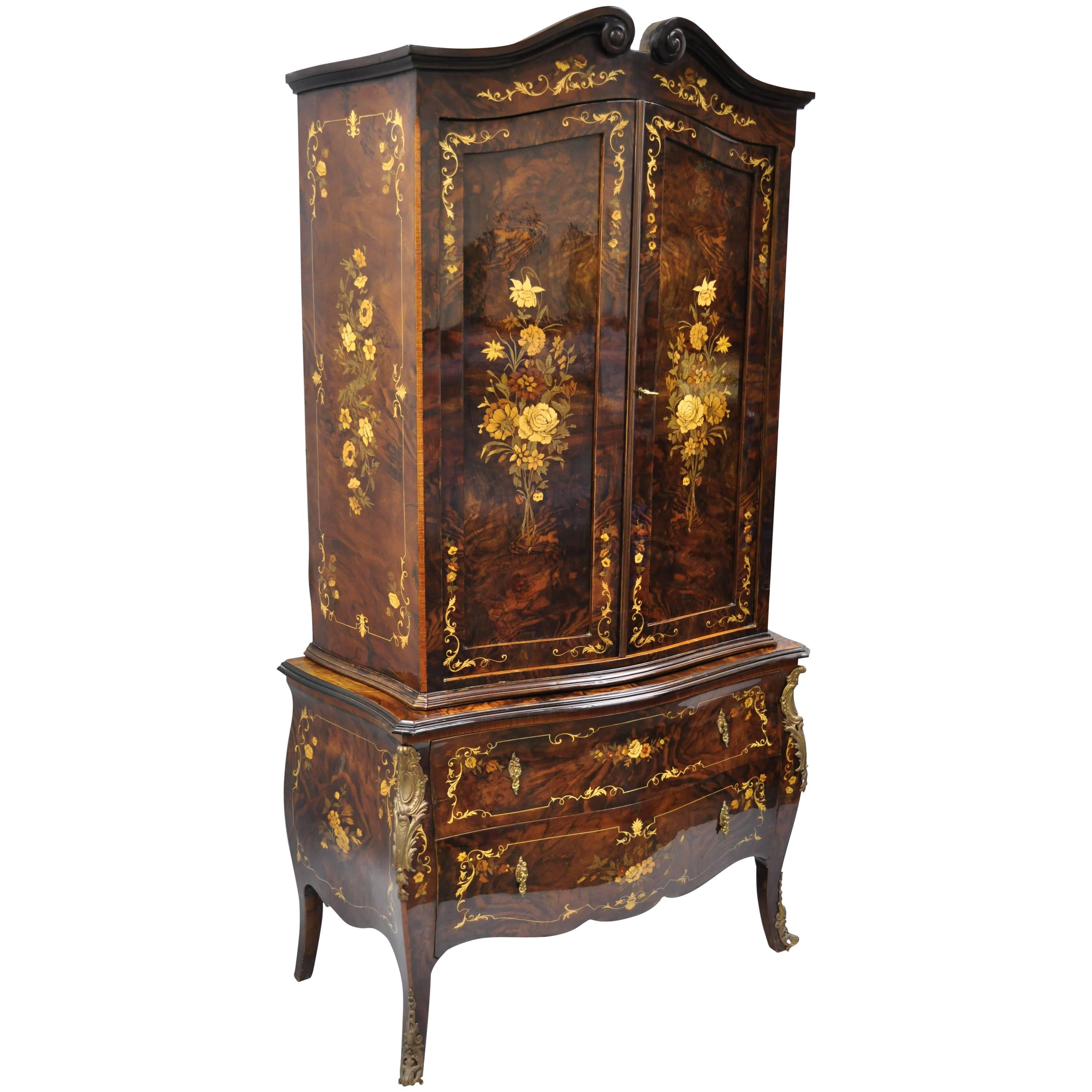 Italian Inlaid French Louis XV Style Bombe Armoire Tall Chest by Roma Furniture
