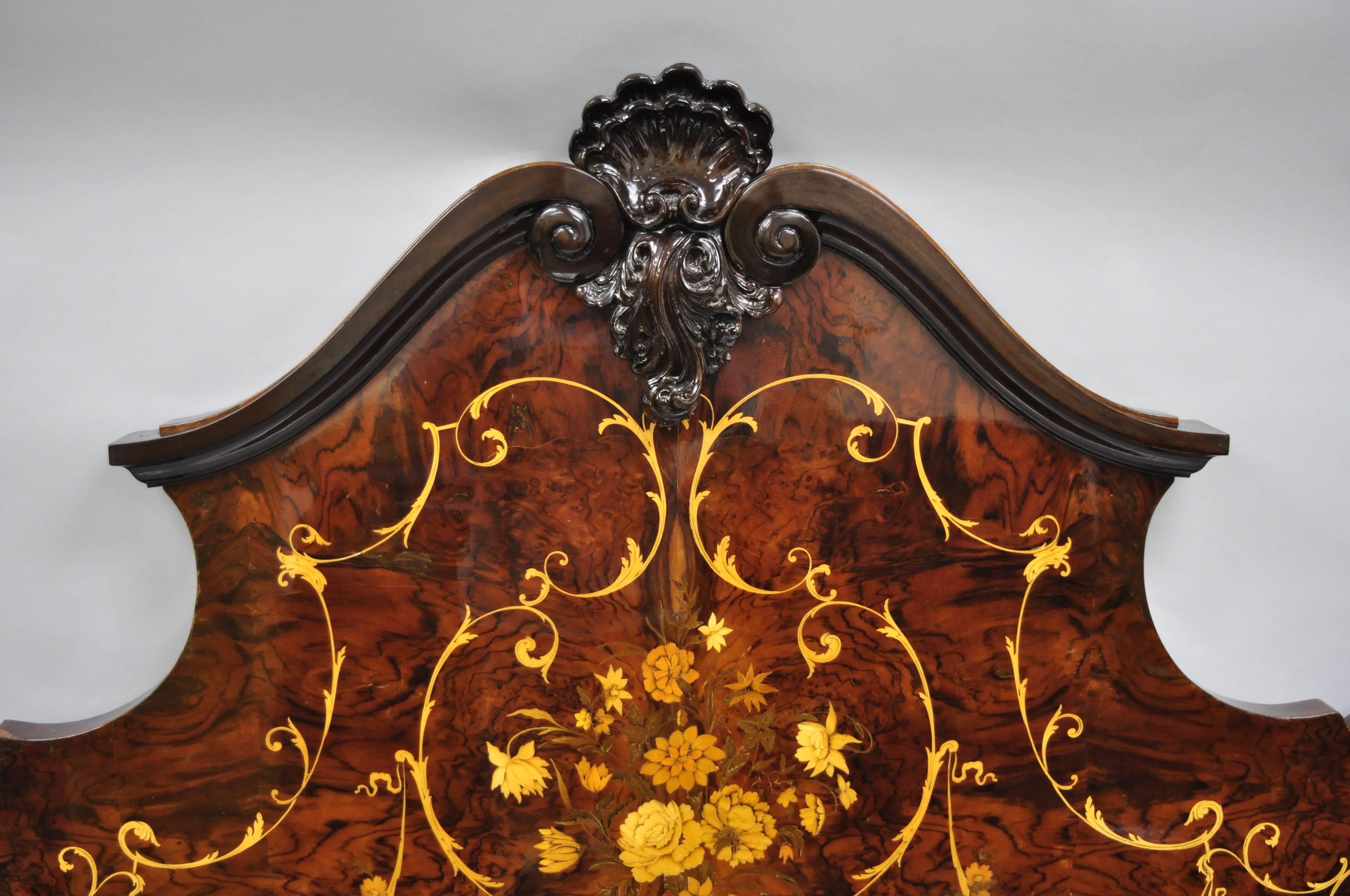 Italian Inlaid French Louis XV style king-size bed headboard by Roma Furniture in Walnut Briar. Item features beautiful floral inlay, shapely form, and stunning walnut briar wood grain with a high gloss lacquer finish. Owners provided the original