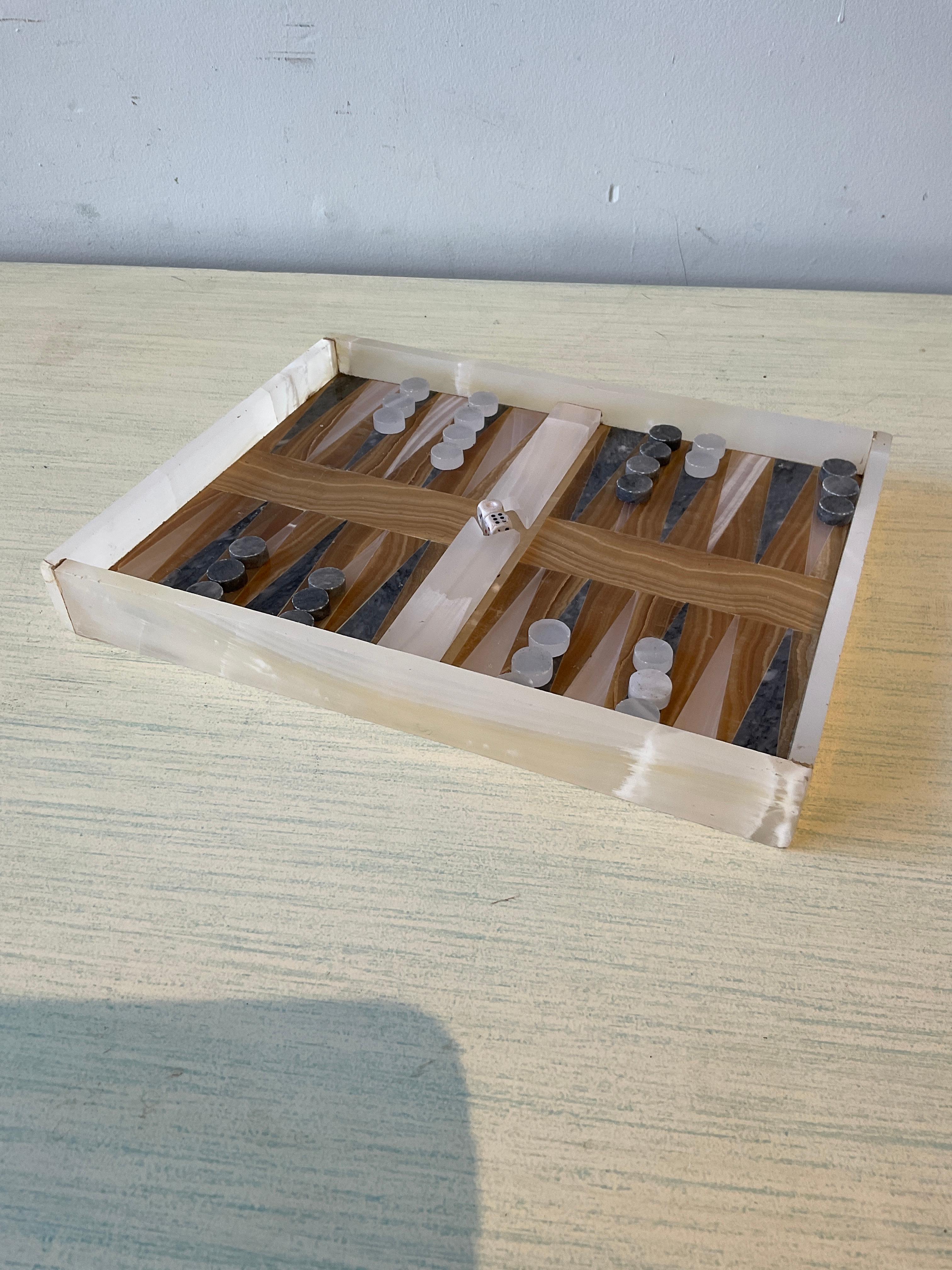 Small  Italian marble backgammon set. 28 pieces, 2 pieces are missing.