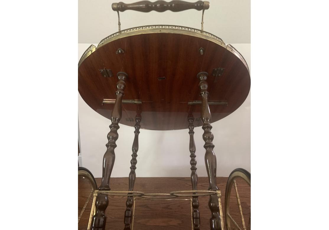 Italian Inlaid Marquetry Lacquered Drop Leave Bar Cart  With Pierced Gallery For Sale 7