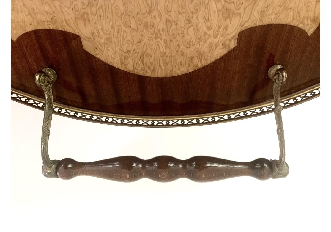 Italian Inlaid Marquetry Lacquered Drop Leave Bar Cart  With Pierced Gallery For Sale 9