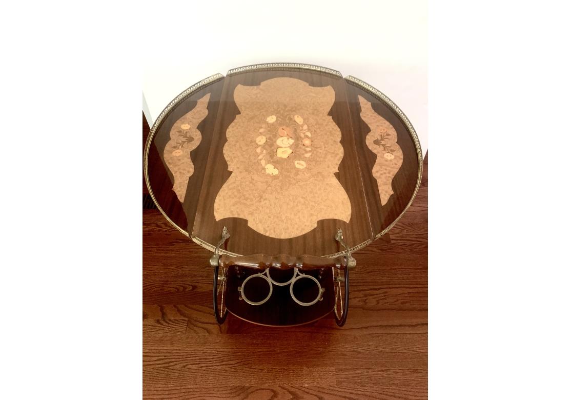 Hollywood Regency Italian Inlaid Marquetry Lacquered Drop Leave Bar Cart  With Pierced Gallery For Sale