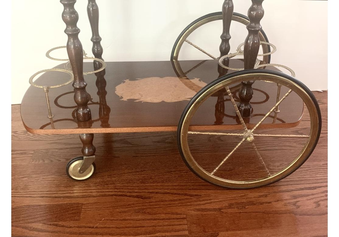 Metal Italian Inlaid Marquetry Lacquered Drop Leave Bar Cart  With Pierced Gallery For Sale