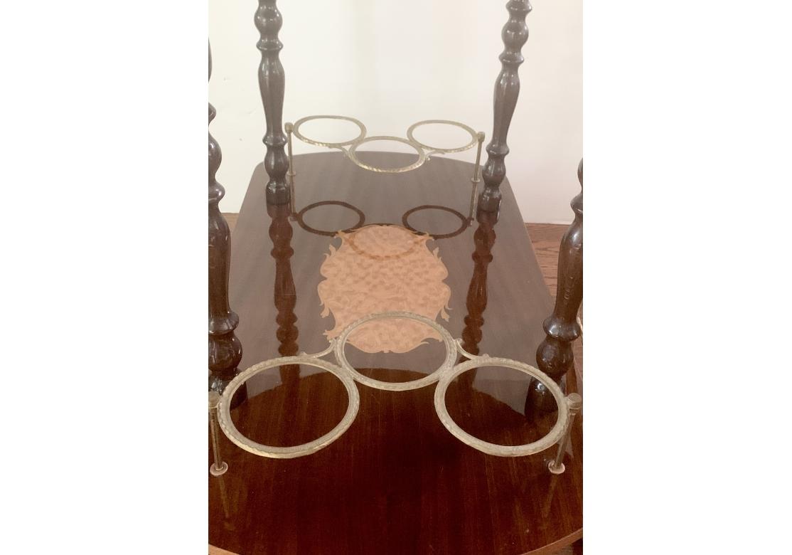 Italian Inlaid Marquetry Lacquered Drop Leave Bar Cart  With Pierced Gallery For Sale 1