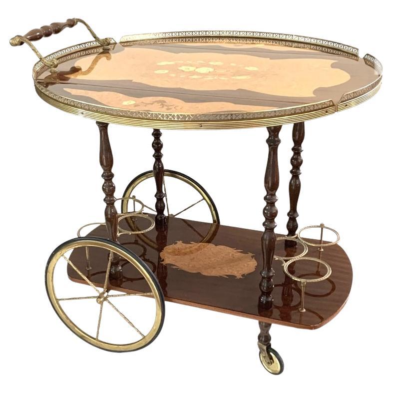 Italian Inlaid Marquetry Lacquered Drop Leave Bar Cart  With Pierced Gallery For Sale