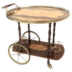 Italian Inlaid Marquetry Lacquered Drop Leave Bar Cart  With Pierced Gallery