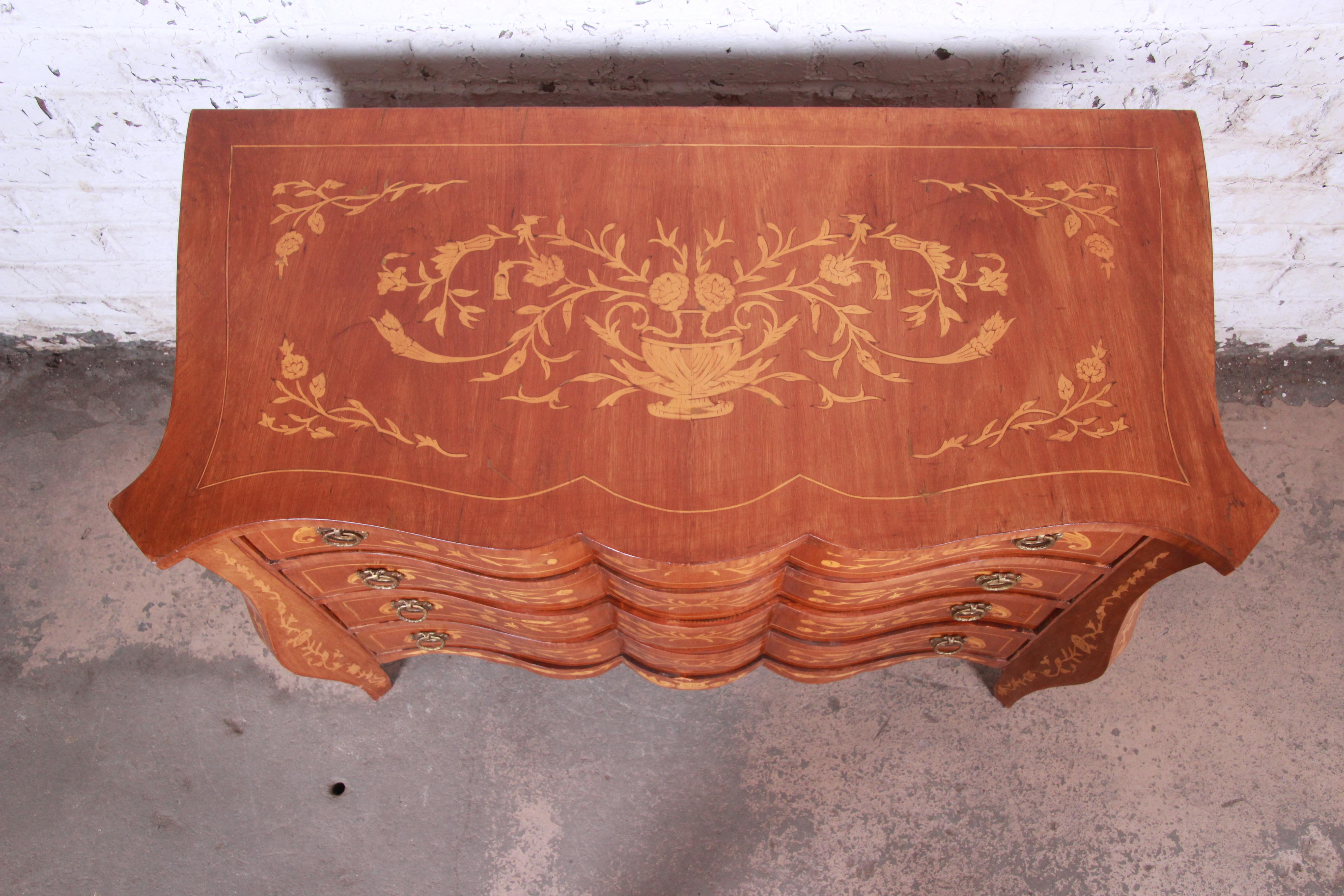 Brass Italian Inlaid Marquetry Mahogany Chest of Drawers or Commode, circa 1930s