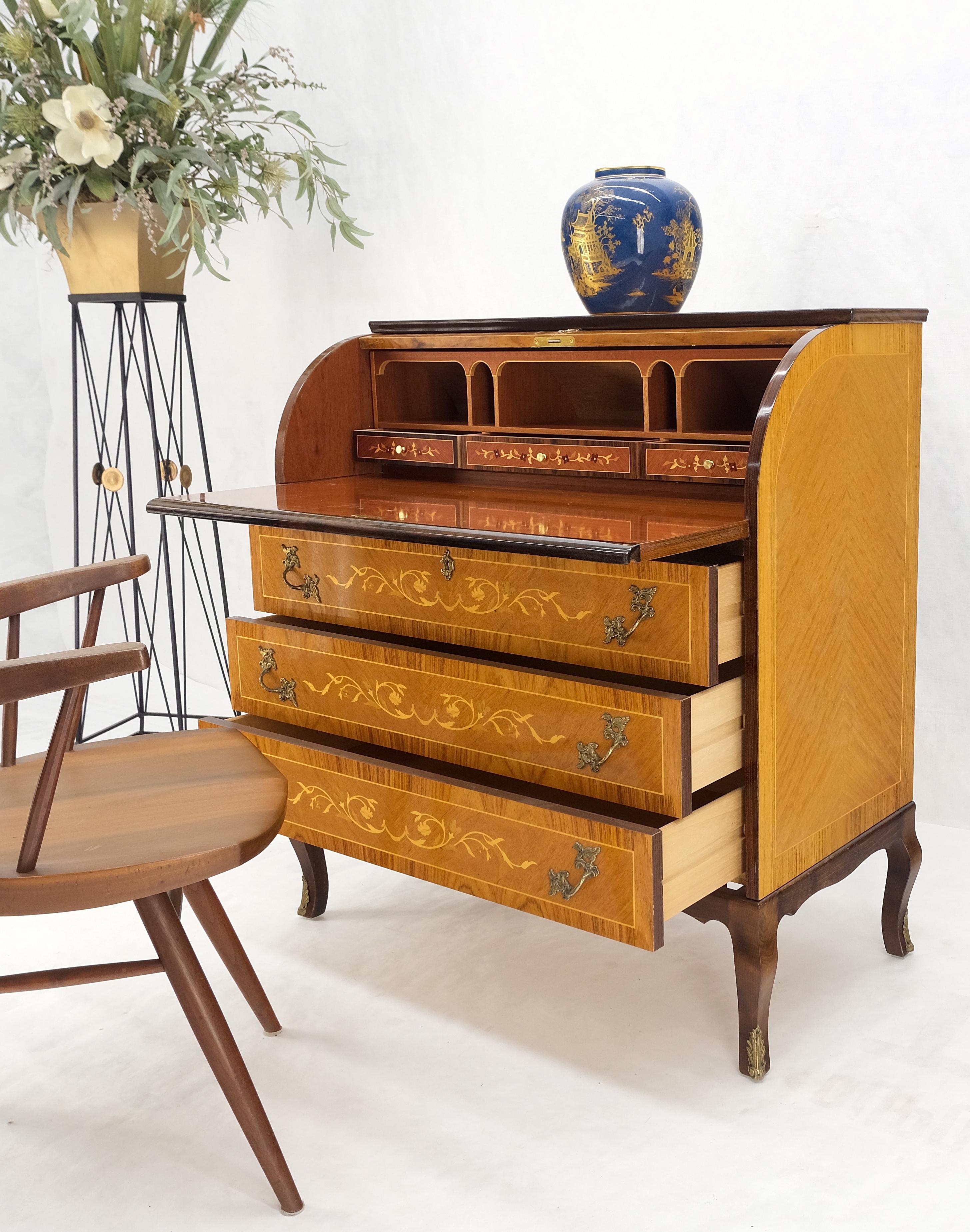 Regency Revival Italian Inlaid Satinwood Cylinder Top Secretary Desk Chest Drawers Dresser Mint! For Sale