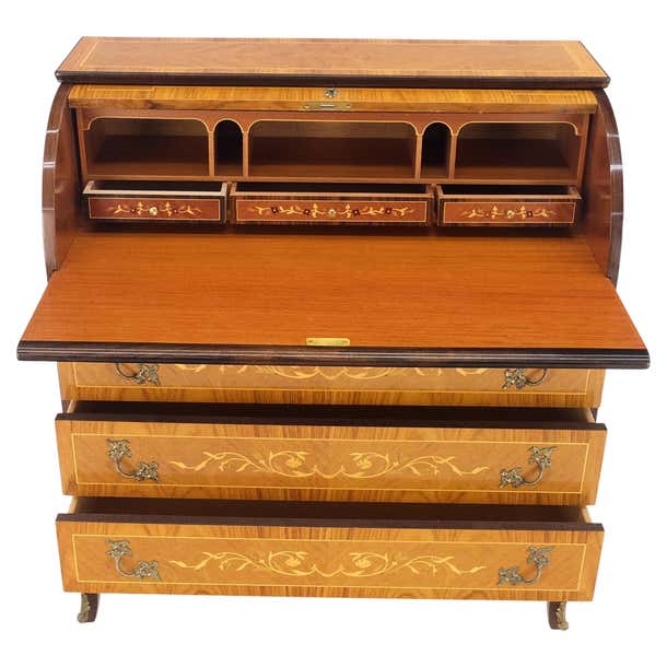 Italian Inlaid Satinwood Cylinder Top Secretary Desk Chest Drawers ...