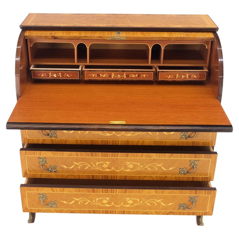 Italian Inlaid Satinwood Cylinder Top Secretary Desk Chest Drawers