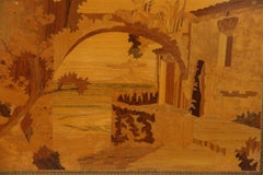 Panneau mural italien en bois incrusté (marqueterie) avec vue sur une terre napolitaine