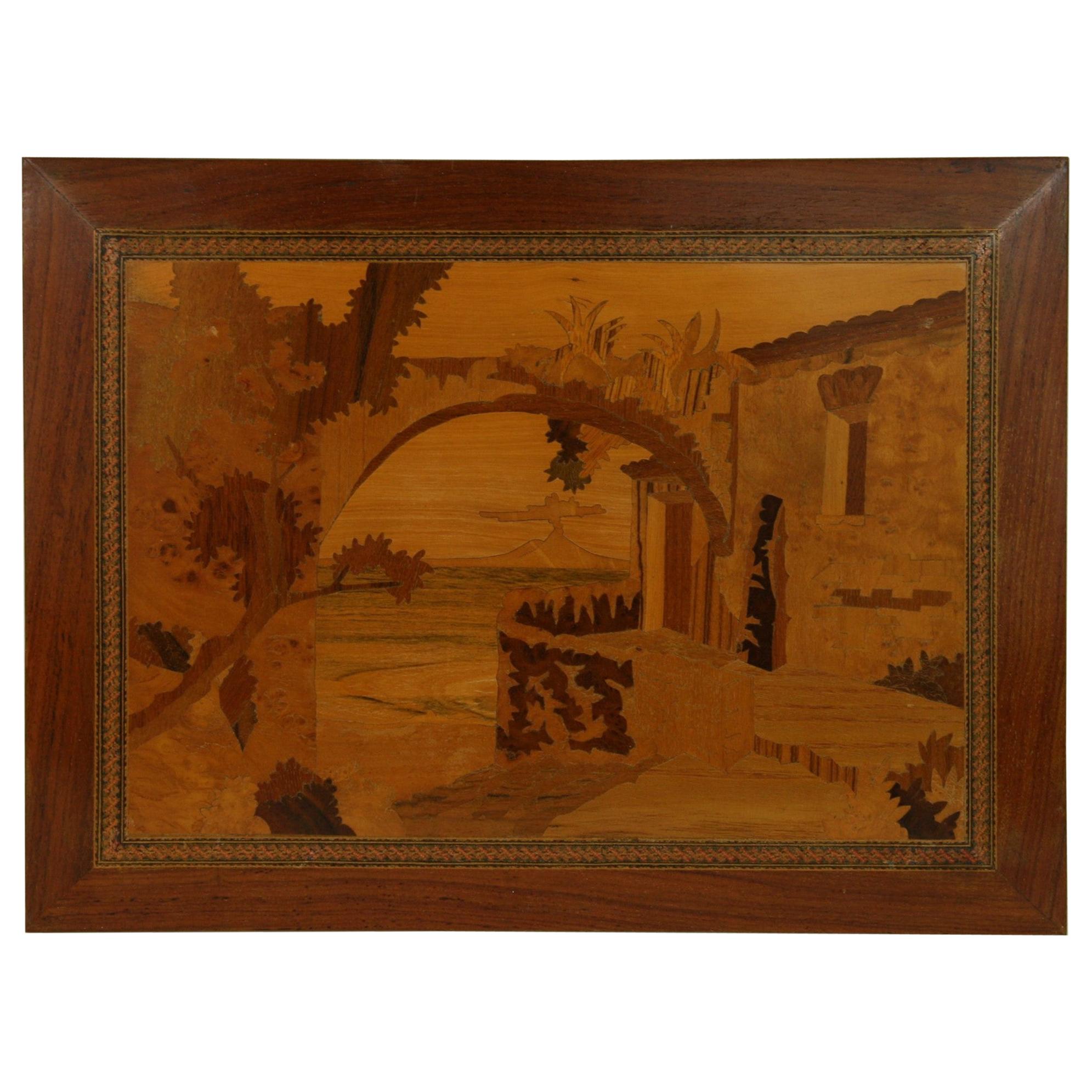 2-315 Italian wall panel with various wood inlay depicting a Neapolitan terrace with a view of mount Vesuvius.
  